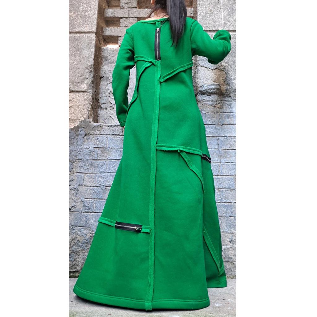 Winter Long Maxi Dress – Avant-Garde Asymmetric Warm Fleece Dress with Zippers / Green Three-Thread Cotton Sweatshirt Dress / Oversized Casu