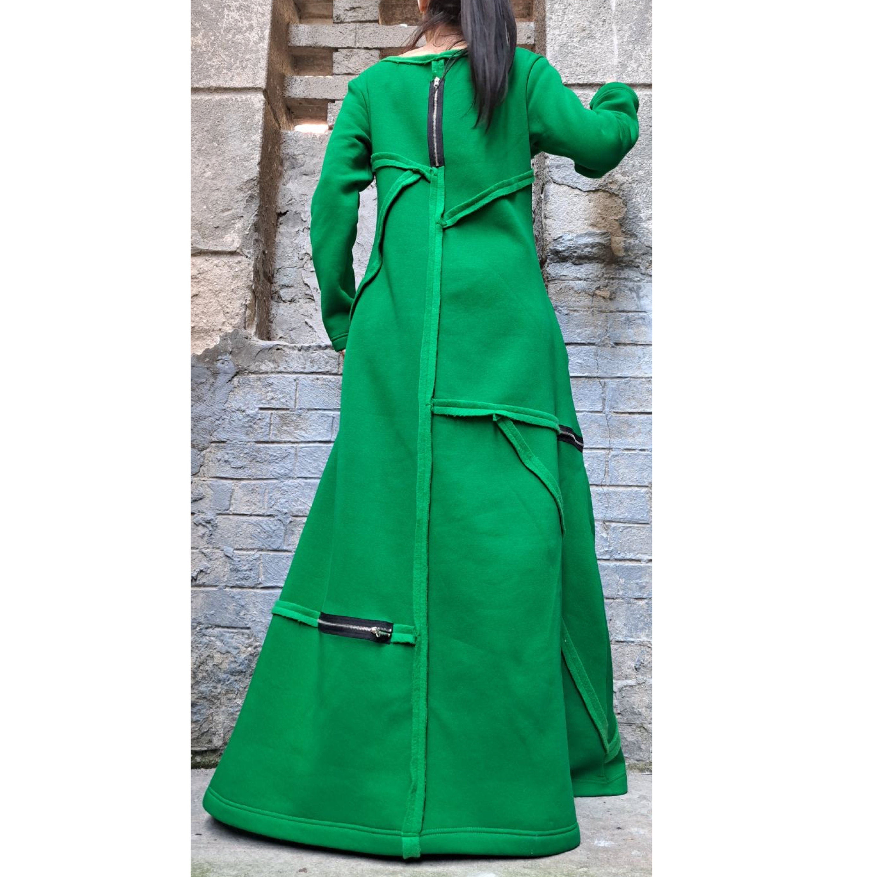 Winter Long Maxi Dress – Avant-Garde Asymmetric Warm Fleece Dress with Zippers / Green Three-Thread Cotton Sweatshirt Dress / Oversized Casu
