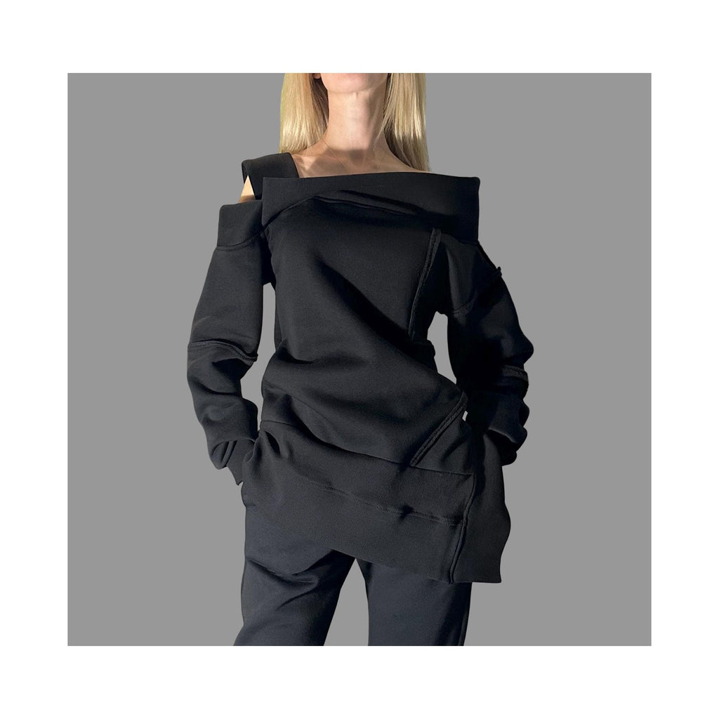 Black Asymmetric Winter Blouse with One Shoulder / Avant-Garde Cotton Top with External Seams