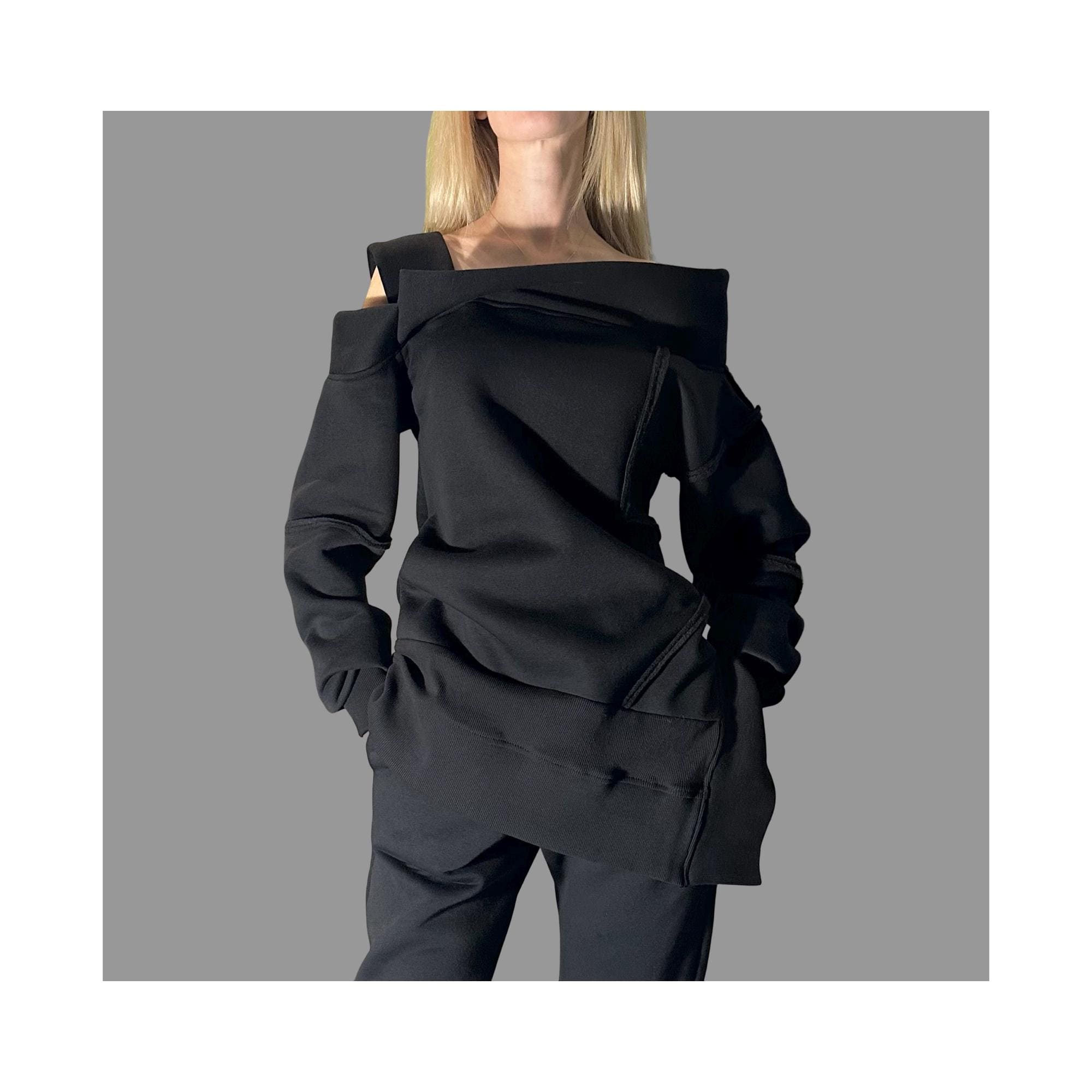 Black Asymmetric Winter Blouse with One Shoulder / Avant-Garde Cotton Top with External Seams