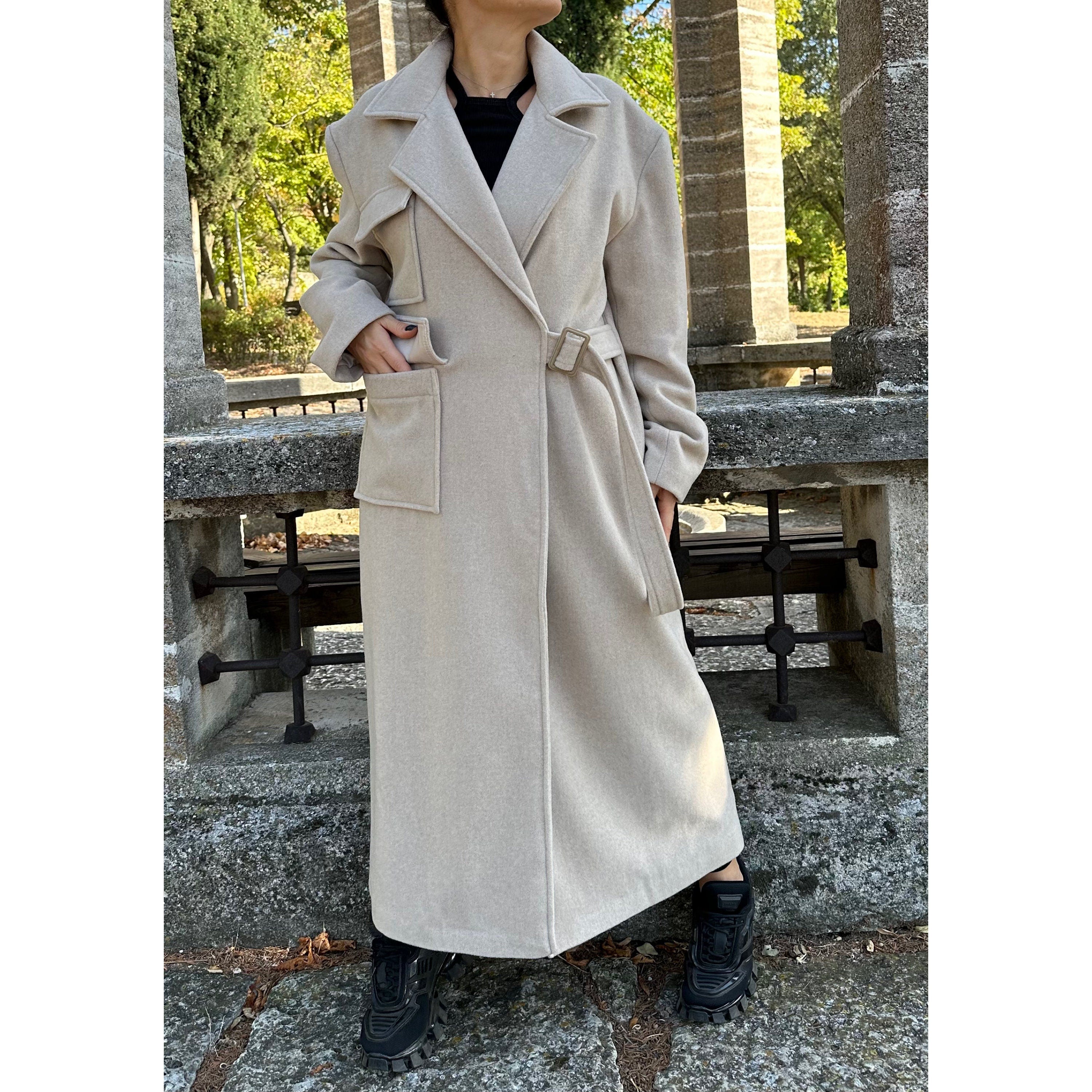 Oversized Wool Coat / Beige Lined Street Style Long Jacket