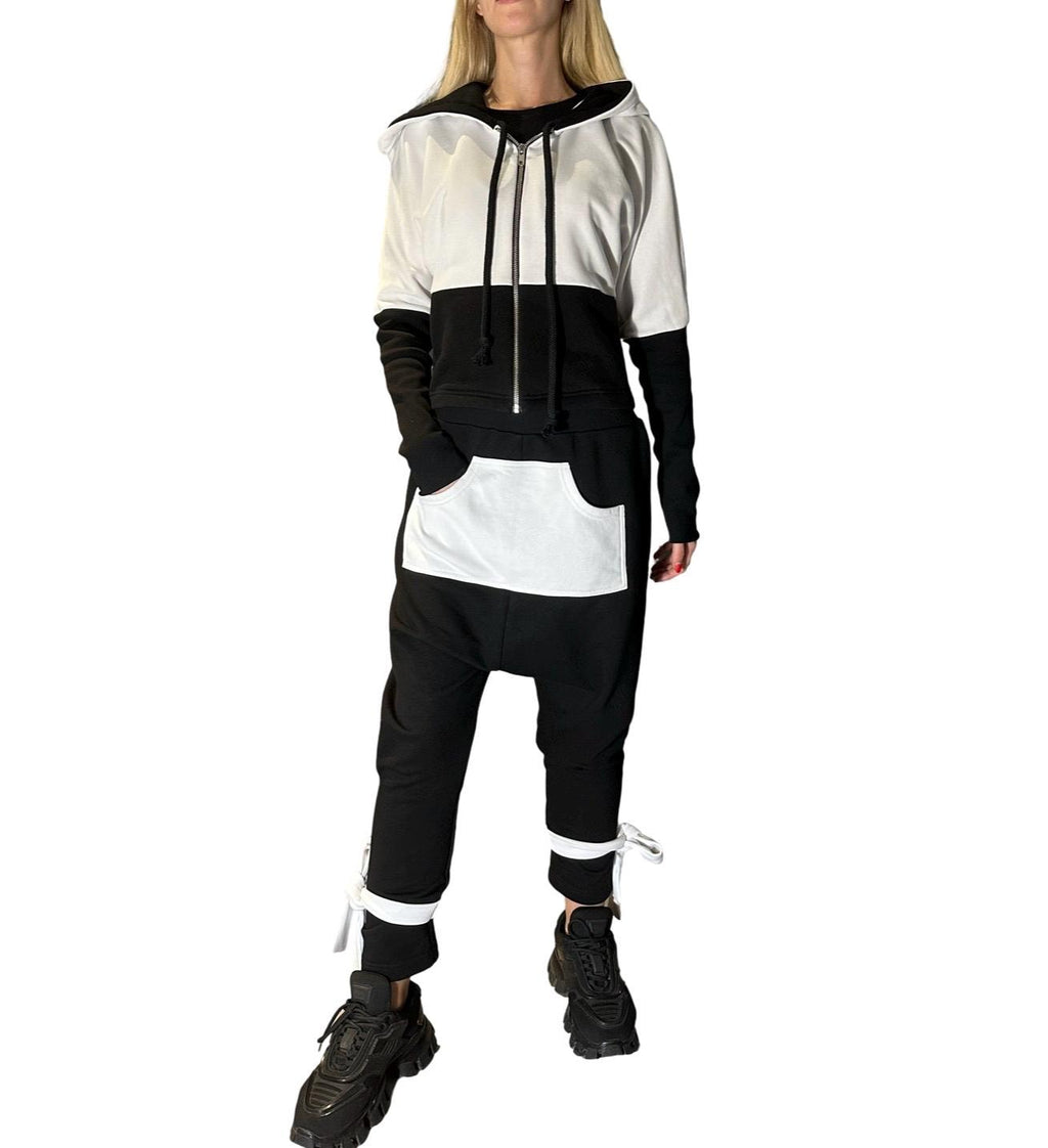 Black & White Avant-Garde Tracksuit Set / Harem Pants and Cropped Zip Hoodie / Handmade Urban Look