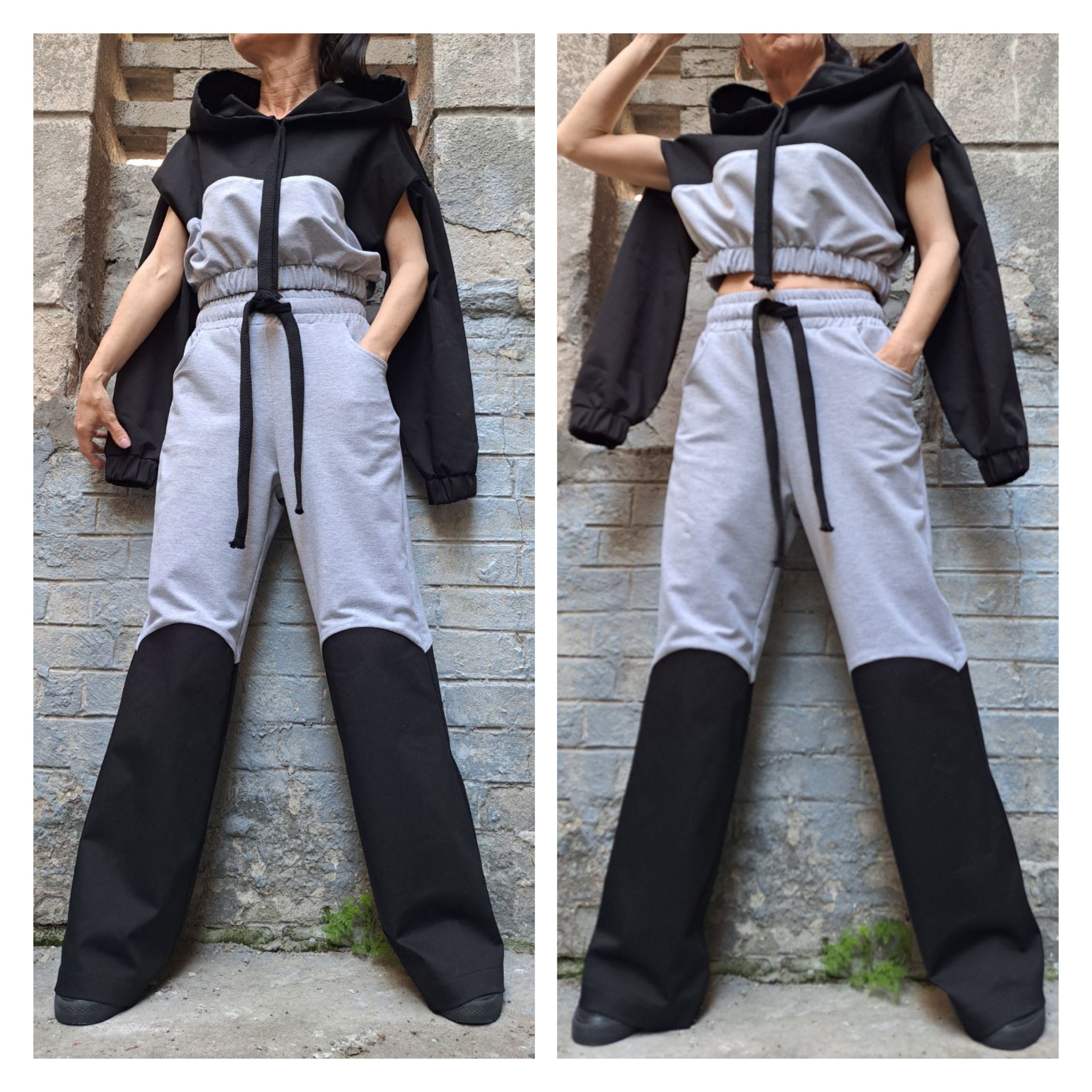 Urban Two-Piece Cotton Set – Cropped Hooded Top & High Waist Pants / Grey and Black Women’s Outfit