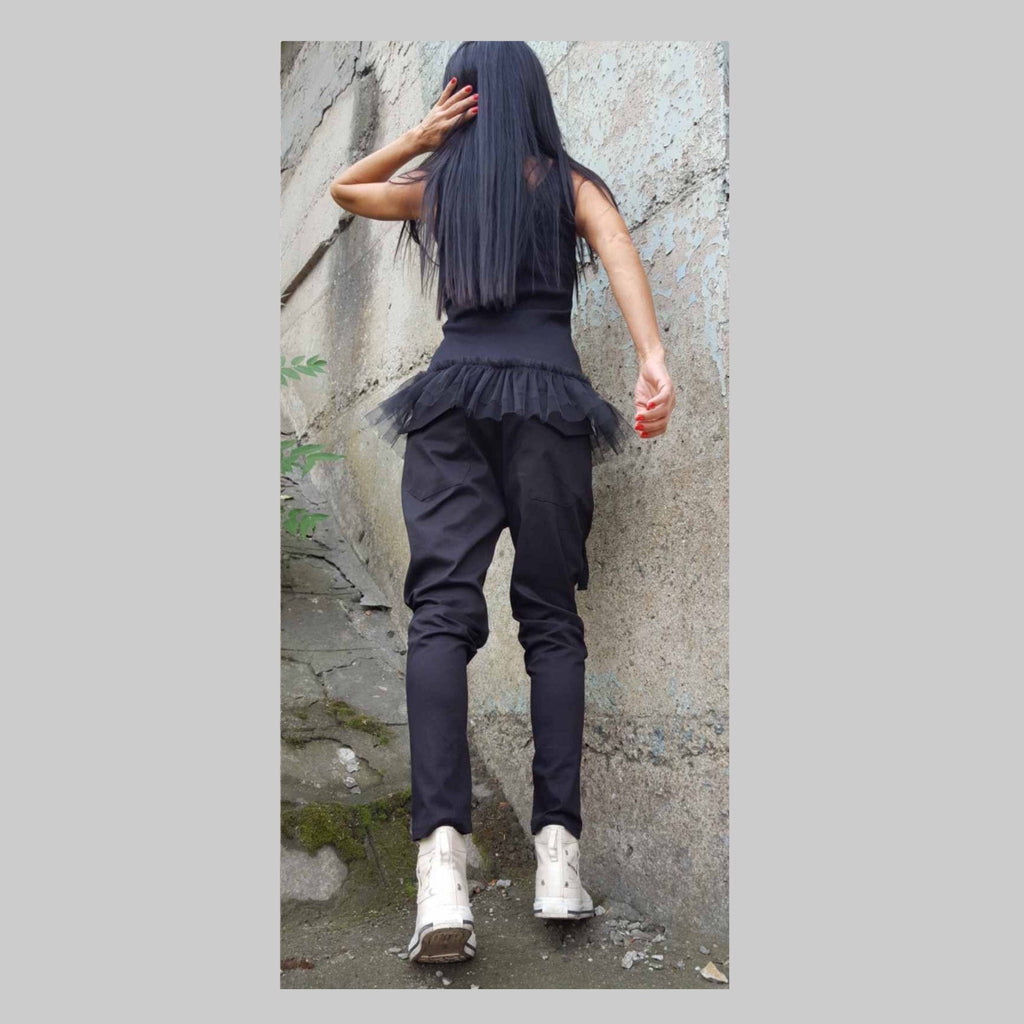 Black Drop-Crotch Cotton Pants – Women’s Relaxed Fit Trousers with Front Zippers, Cord Detail & Elastic Waist / Minimalist Streetwear