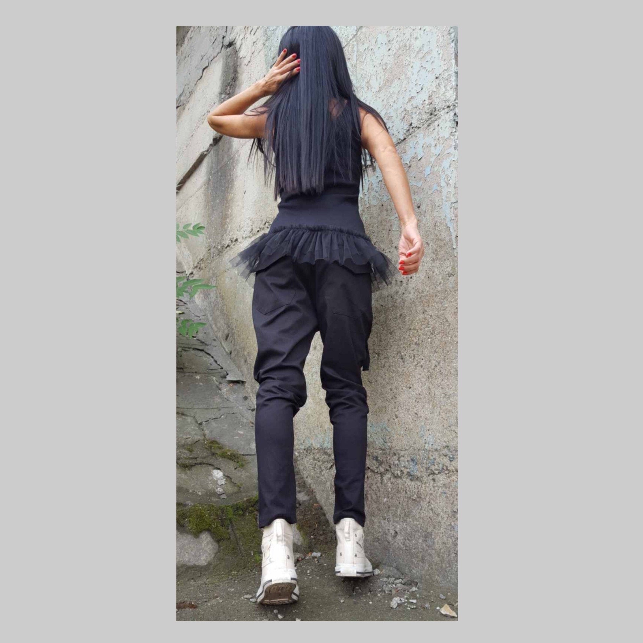 Black Drop-Crotch Cotton Pants – Women’s Relaxed Fit Trousers with Front Zippers, Cord Detail & Elastic Waist / Minimalist Streetwear