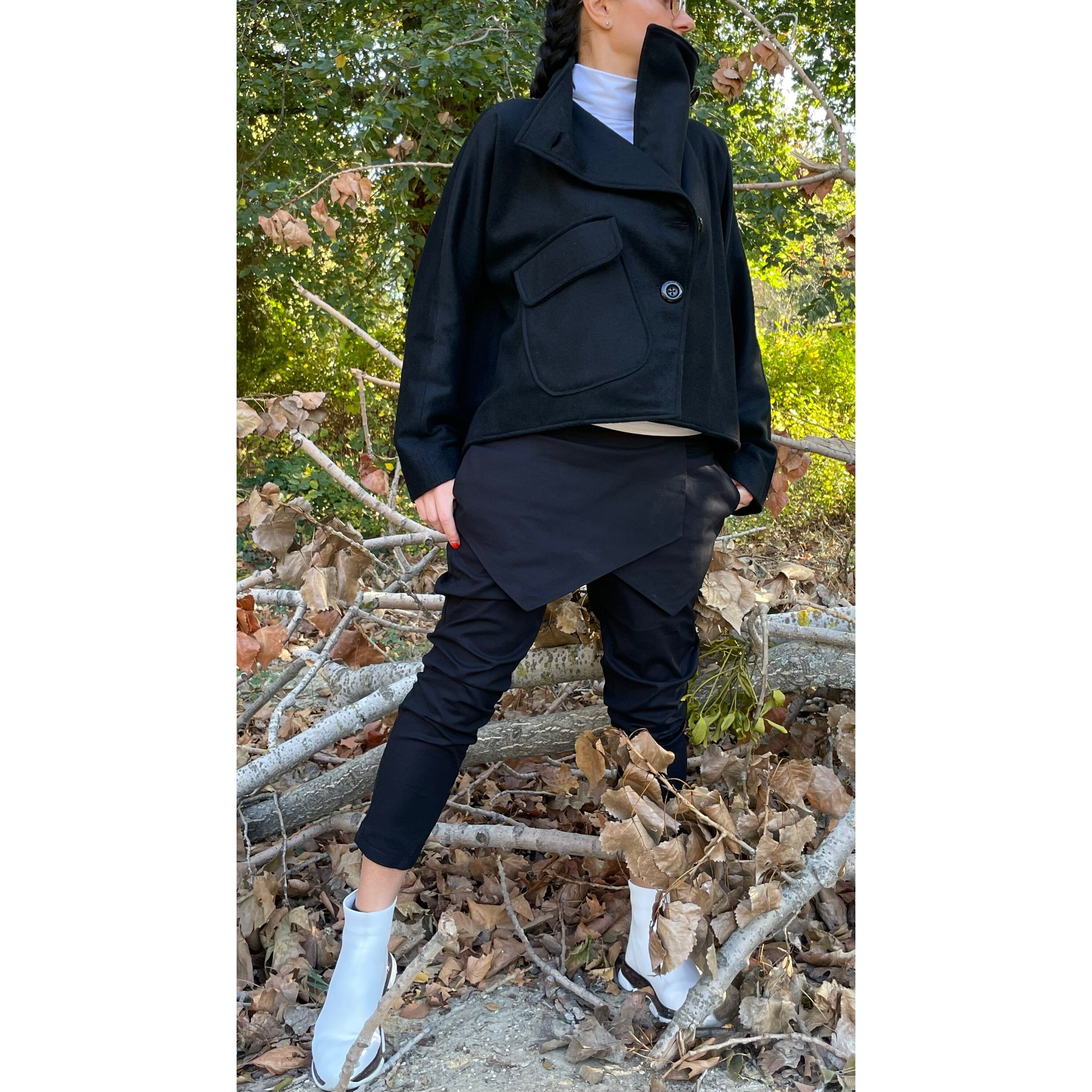 Wool Short Coat  High Collar Black Winter Coat