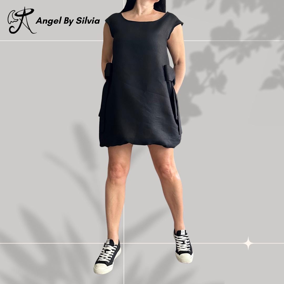 Black Linen Dress – Sleeveless Minimalist Tunic with Side Bows / Women’s Summer Shift Dress