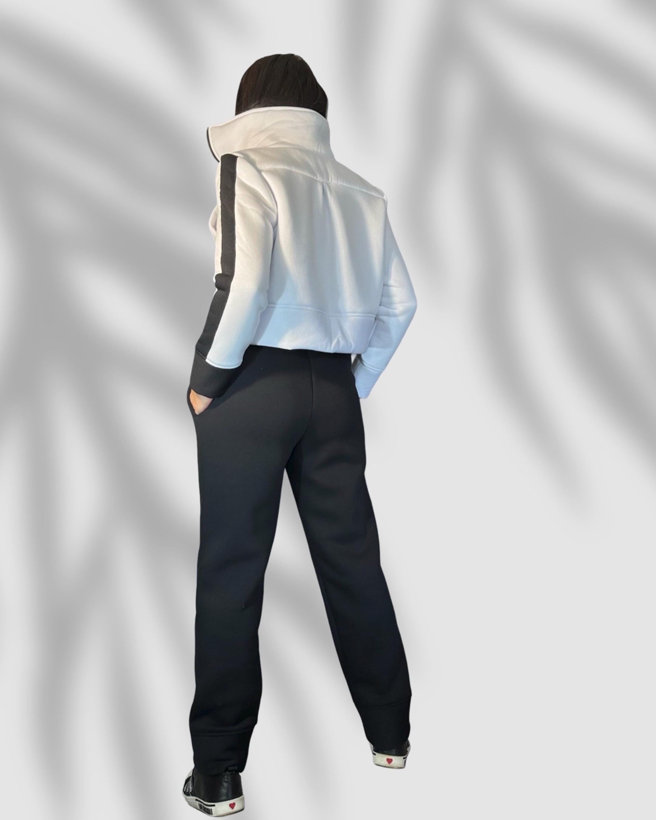 Black  White Fleece Set – Cropped Jacket & High Waist Joggers / Warm Two-Piece Tracksuit