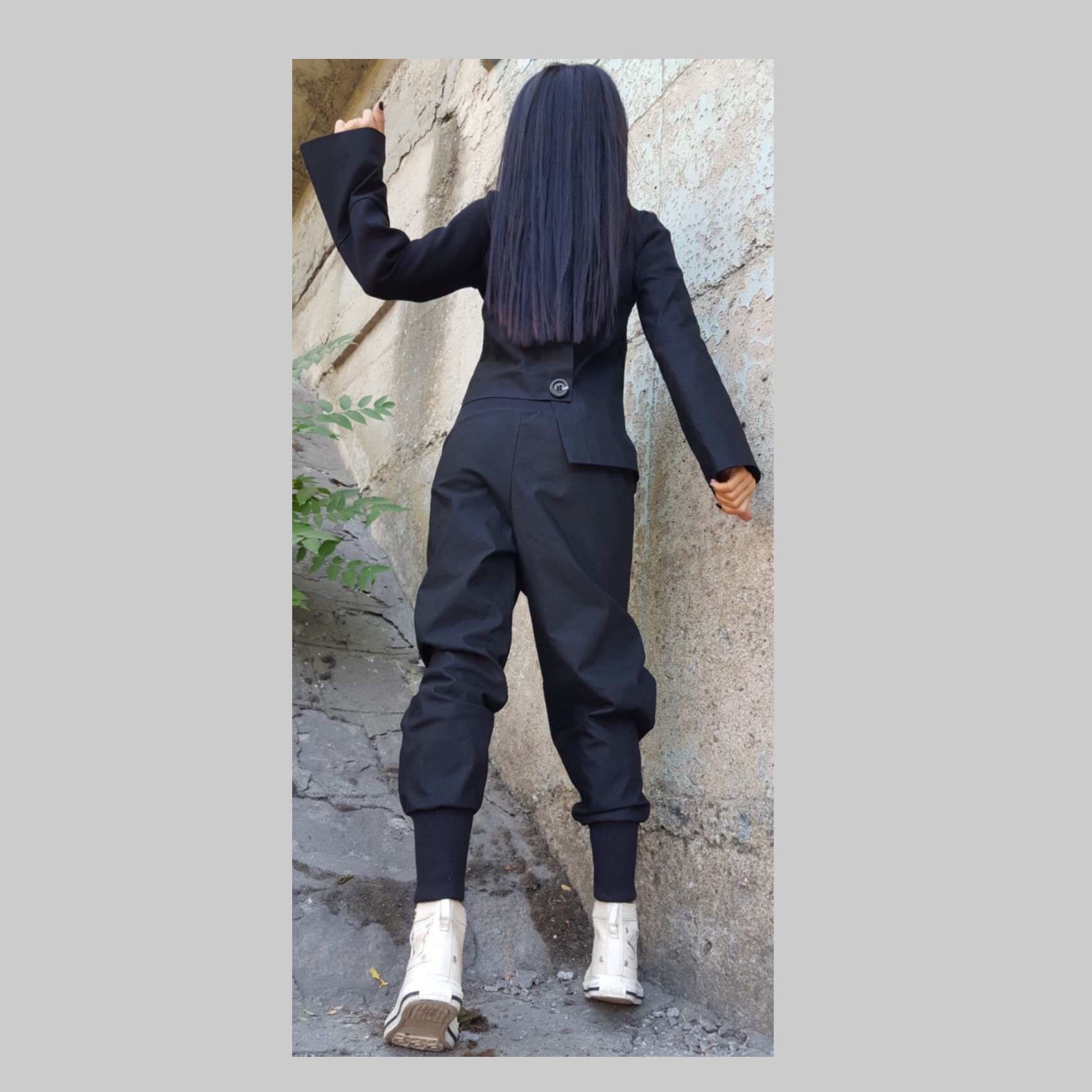 Black Asymmetric Two-Piece Set – Avant-Garde Women’s Outfit / Handmade Cotton Top & Drop Crotch Pants / Minimalist Modern Streetwear