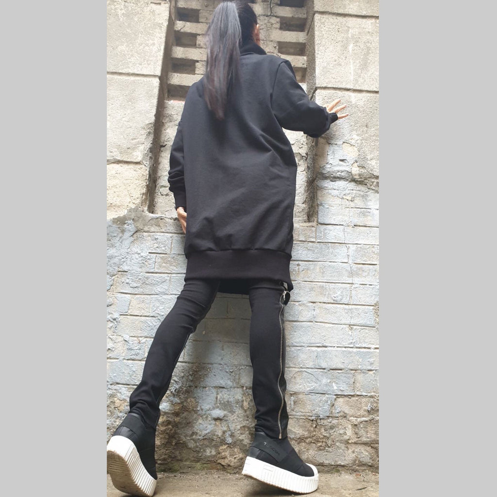 Asymmetric Black Cotton Tunic with Zipper / High Collar Long Blouse / Avant-Garde Urban Top for Women