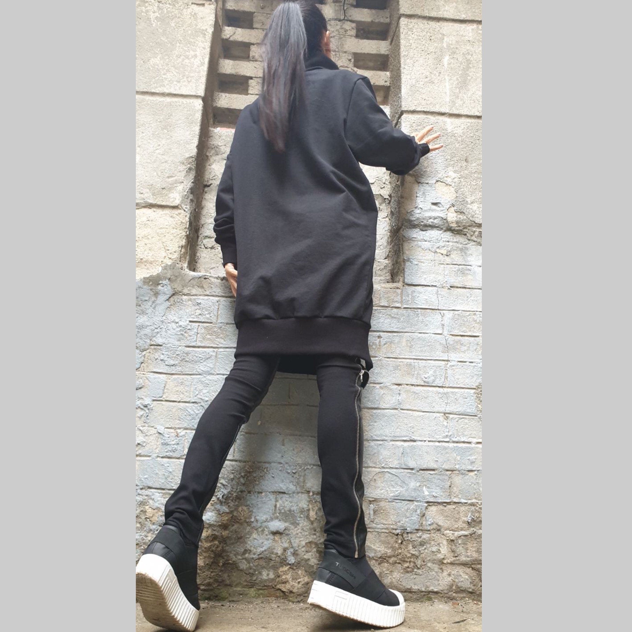 Asymmetric Black Cotton Tunic with Zipper / High Collar Long Blouse / Avant-Garde Urban Top for Women