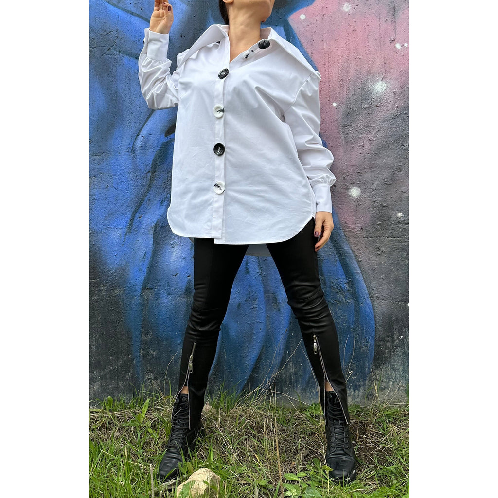 Extravagant White Cotton Shirt: Long Sleeve High Neck Button Shirt