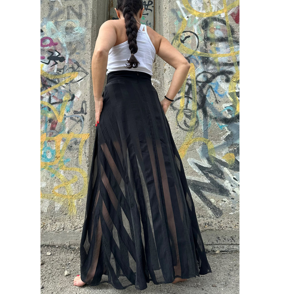 Black Maxi Skirt – High Waist with Cotton and Sheer Organza Stripes