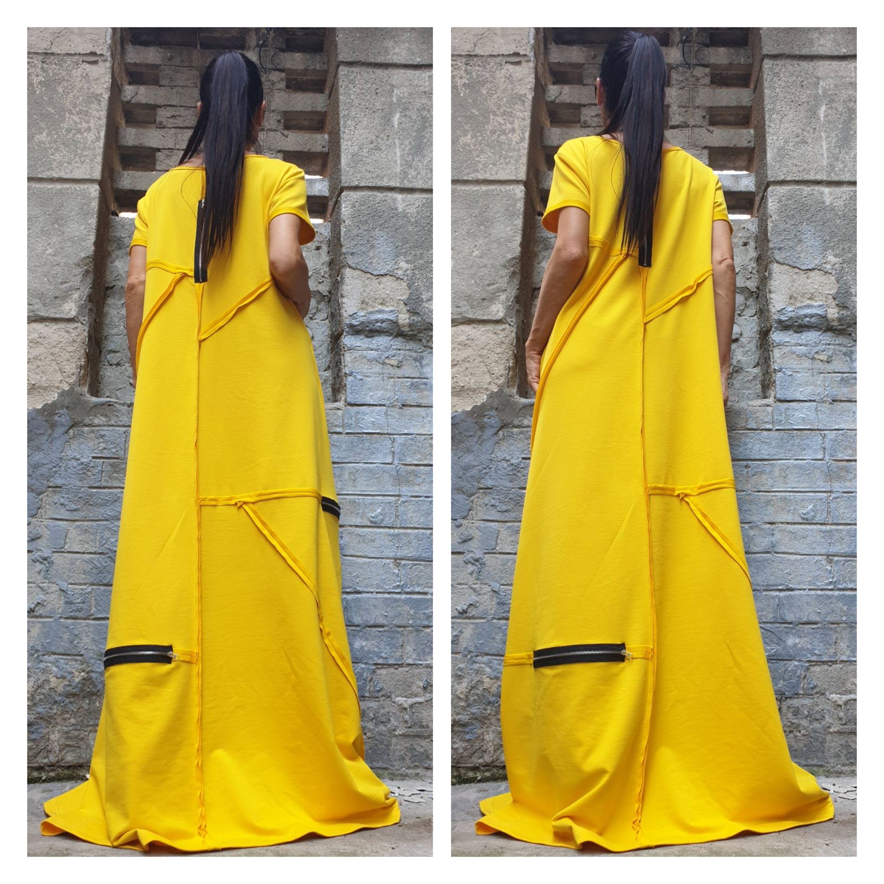 Yellow Maxi Dress – Loose Cotton Dress with Zippers / Short Sleeve Avantgarde Dress / Oversized Summer Dress / Designer Long Dress