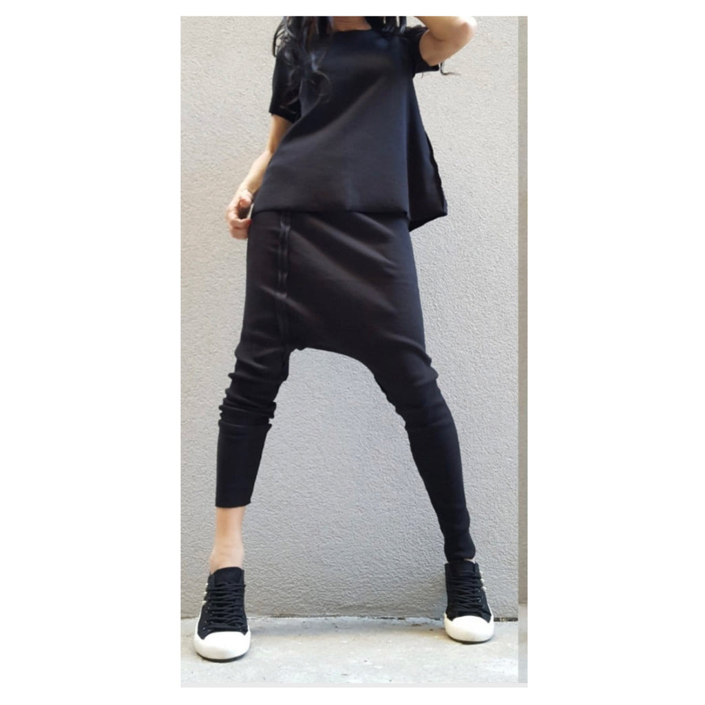 Black Cotton Ribbed Set – Asymmetric Top & Drop Crotch Pants / Urban Avant-Garde Outfit