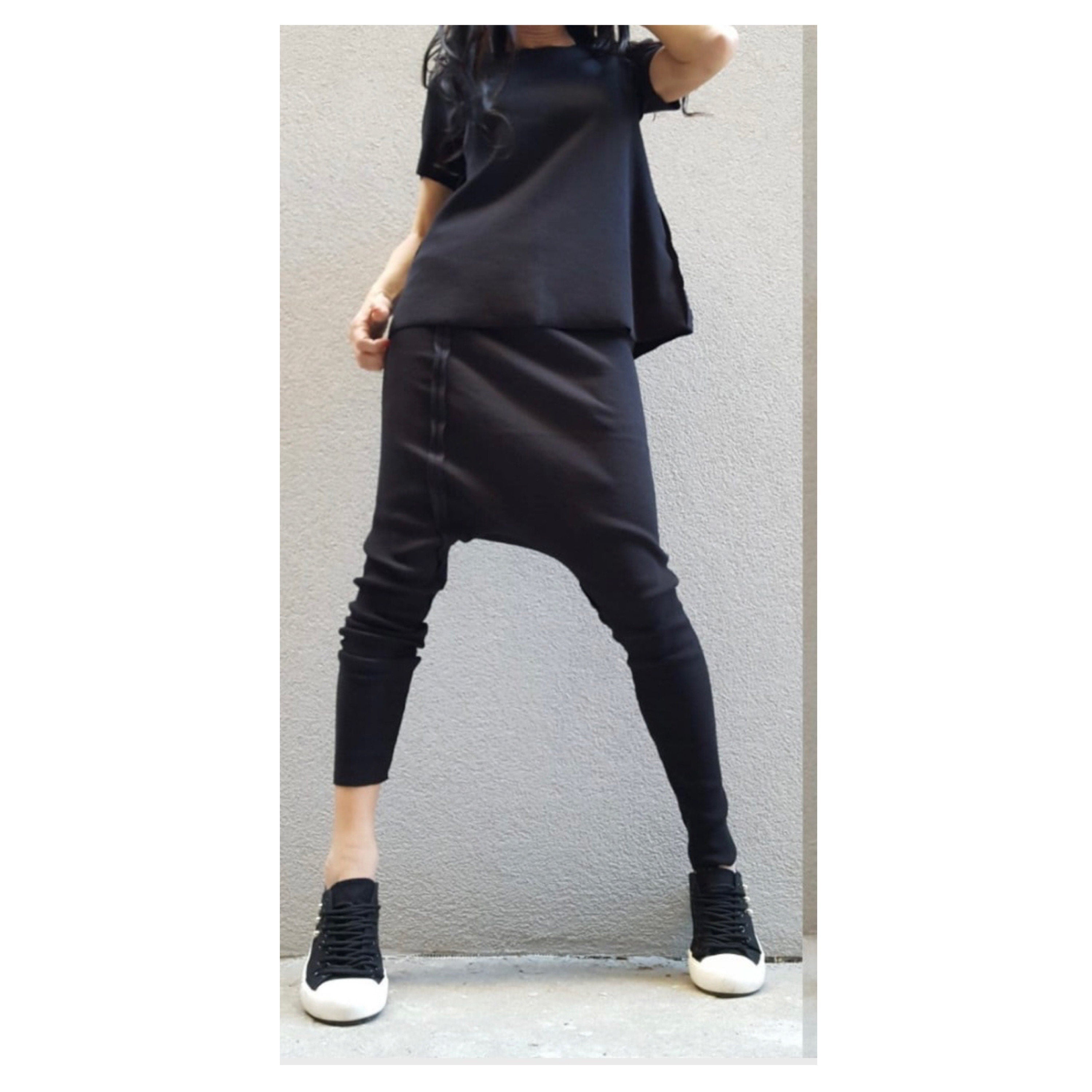 Black Cotton Ribbed Set – Asymmetric Top & Drop Crotch Pants / Urban Avant-Garde Outfit