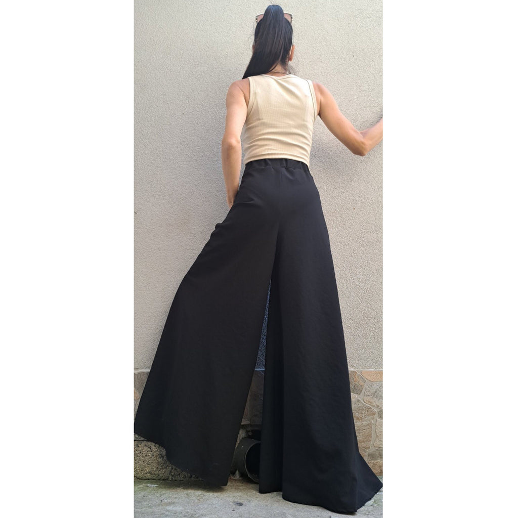 High Waist Wide Leg Pants – Elastic Waistband / Black Trousers with Side Stripe / Women’s Sporty Chic Pants with Pockets