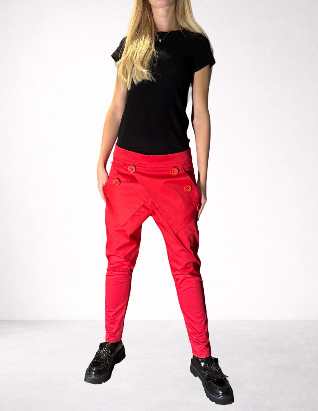 Red Cotton Pants with Asymmetrical Front Detail / Front Pockets / Casual Drop Crotch Trousers