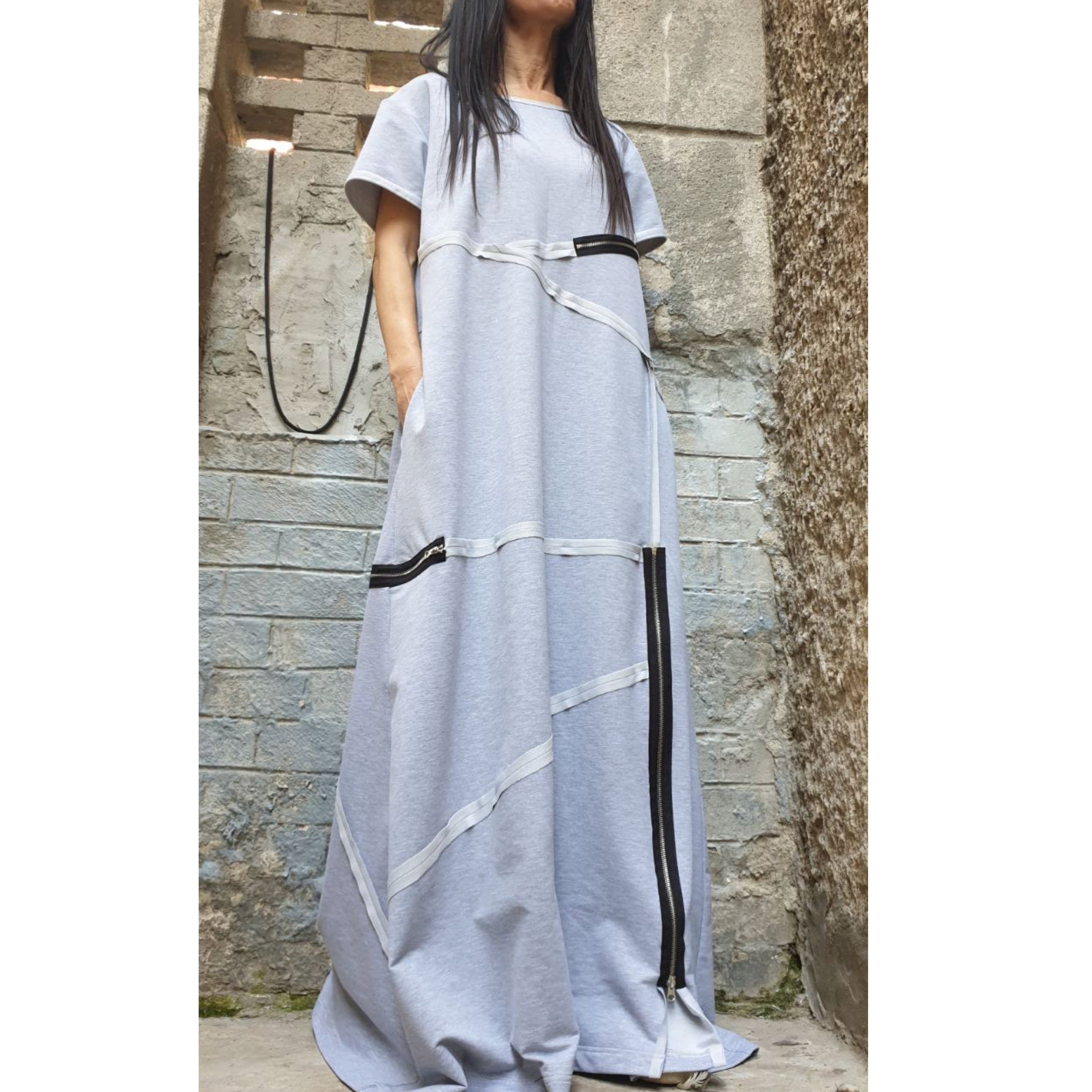 Grey Maxi Designer Dress – Avant-Garde Cut Dress with Zippers & Exposed Seams / Cotton Fleece Jersey / Oversized Architectural Dress XS–5XL