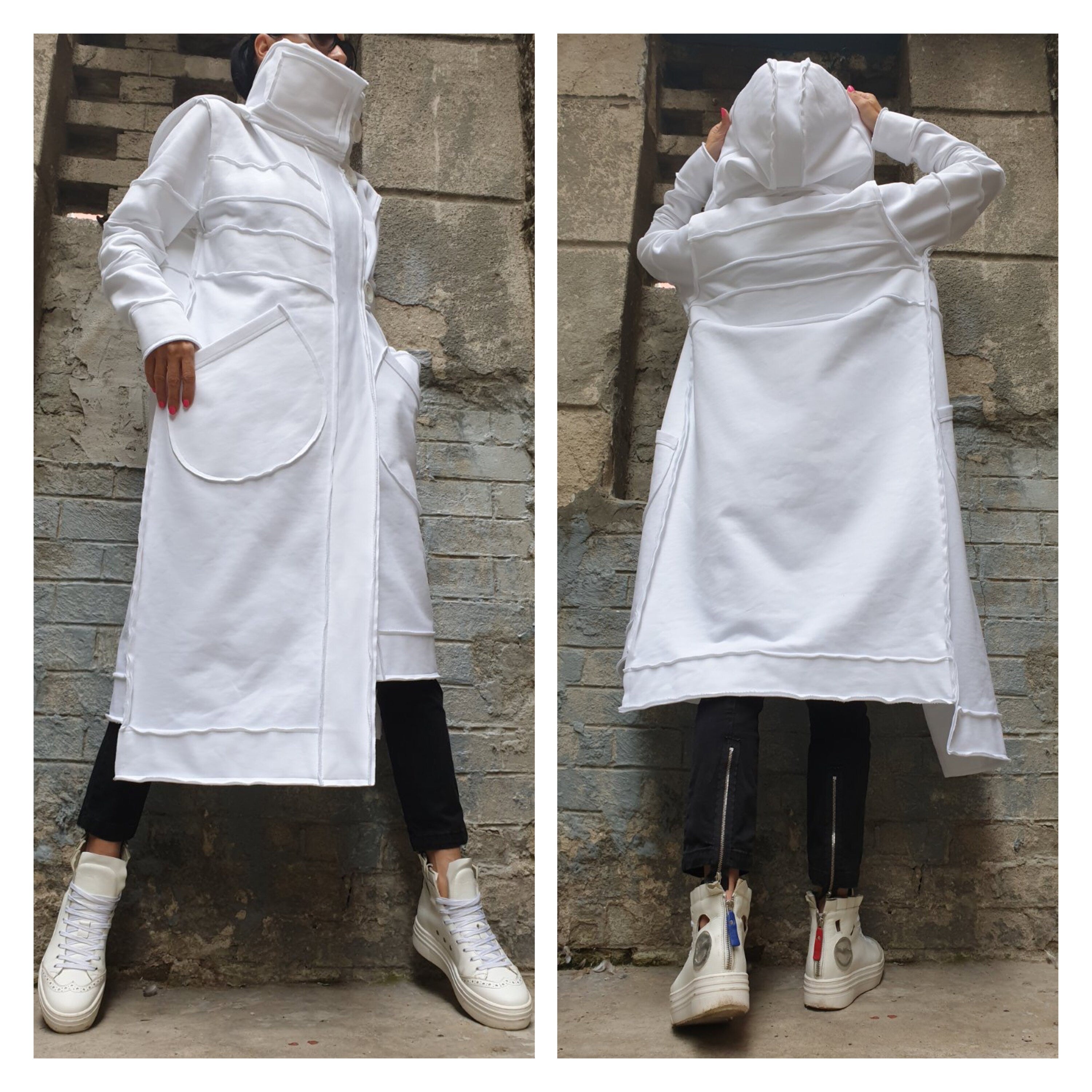 Women’s Long White Asymmetric Vest Coat with Hood – Heavyweight Sweatshirt Fabric