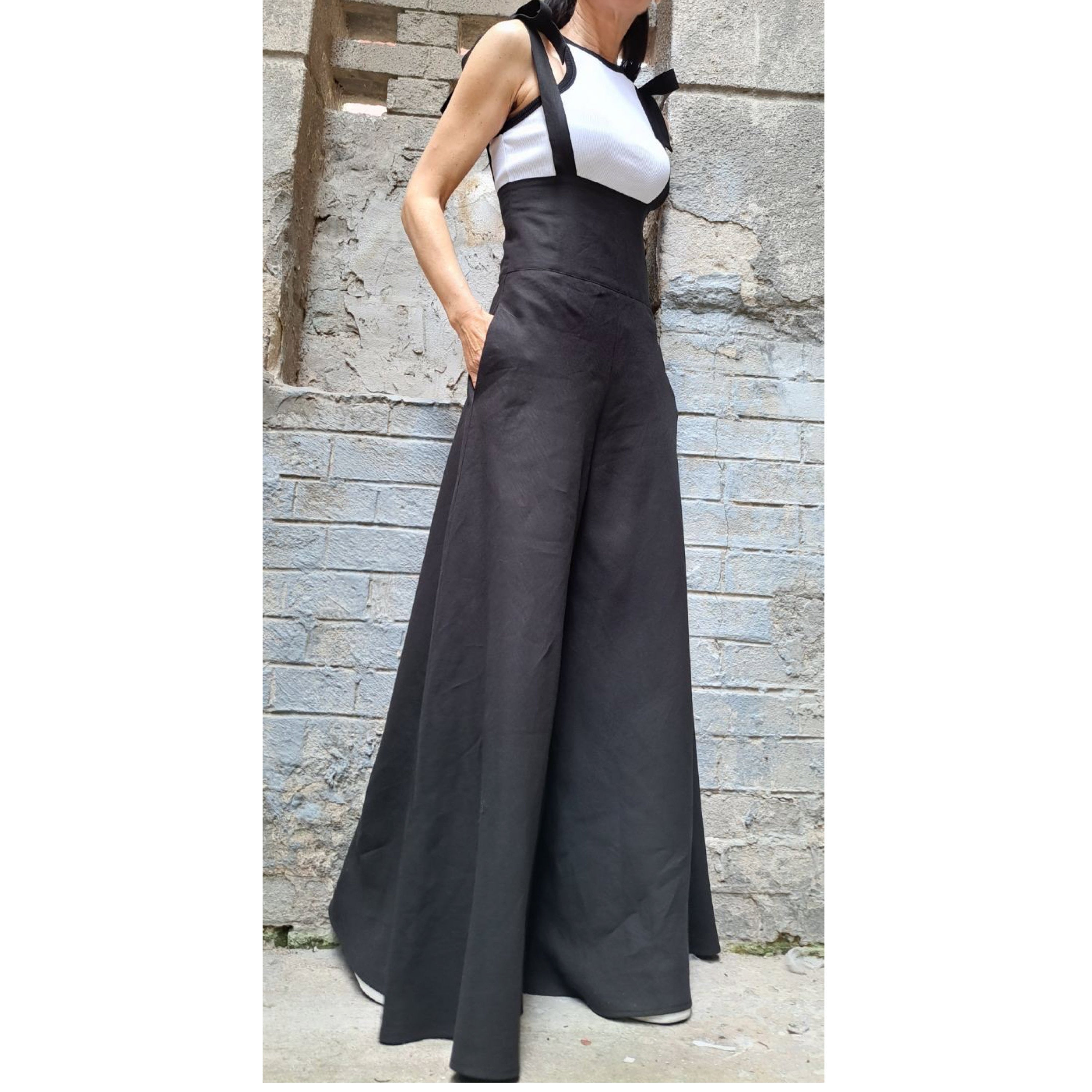 High-Waisted Linen Palazzo Pants with Straps – Wide Leg Linen Trousers for Women / Adjustable Tie Straps , Side Pockets , Zipper Closure