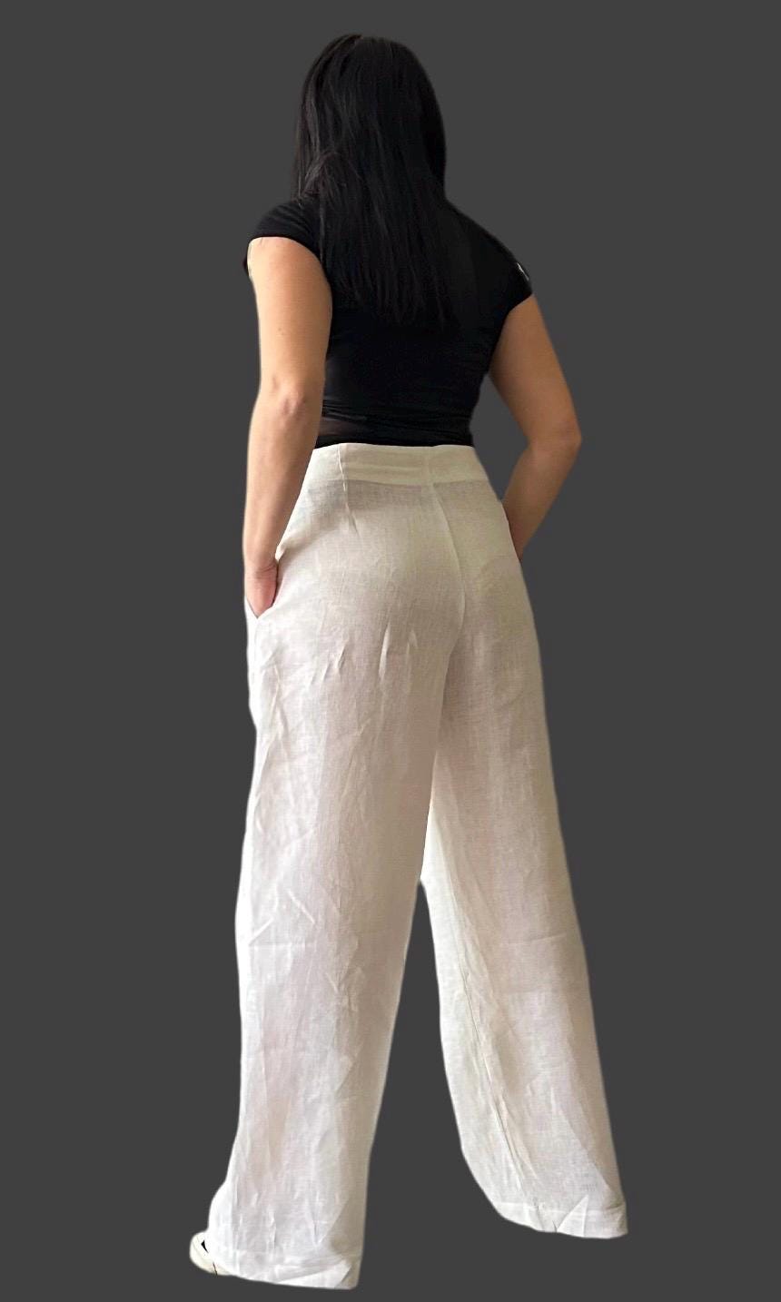 Linen Wide Leg Pants / Asymmetric High Waist Summer Trousers