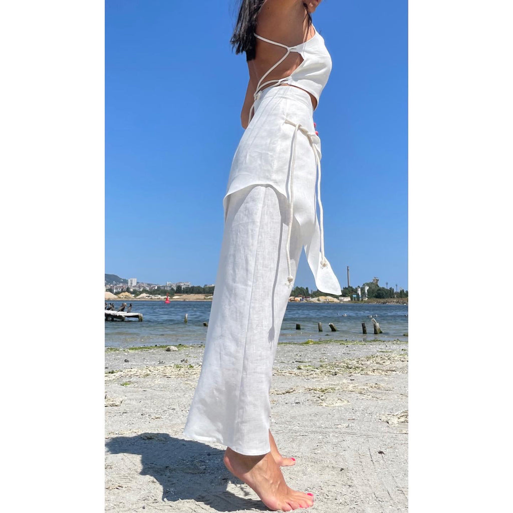 Asymmetric Summer White Linen Skirt Top Set