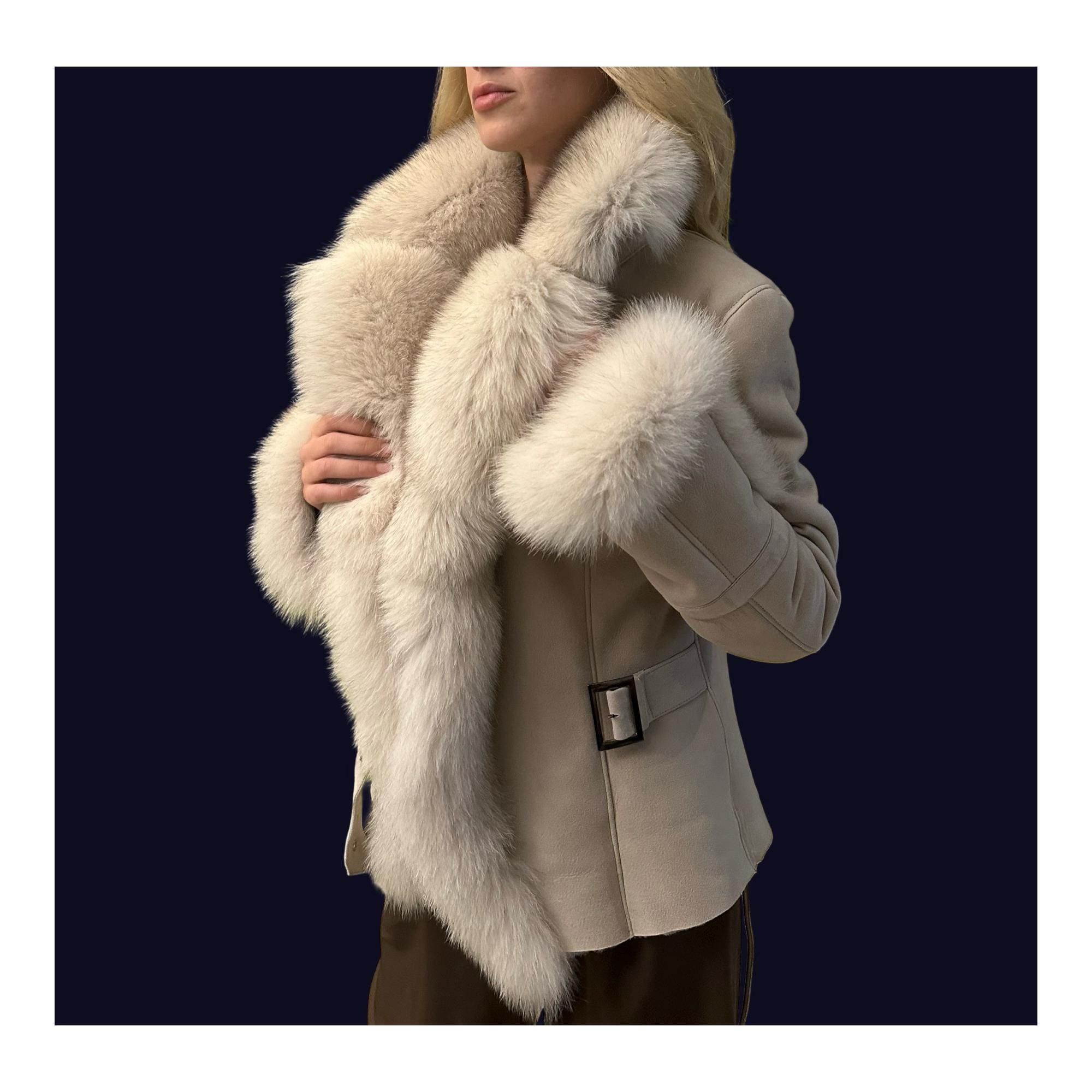 Black Shearling Coat with Fox Fur Collar and Cuffs