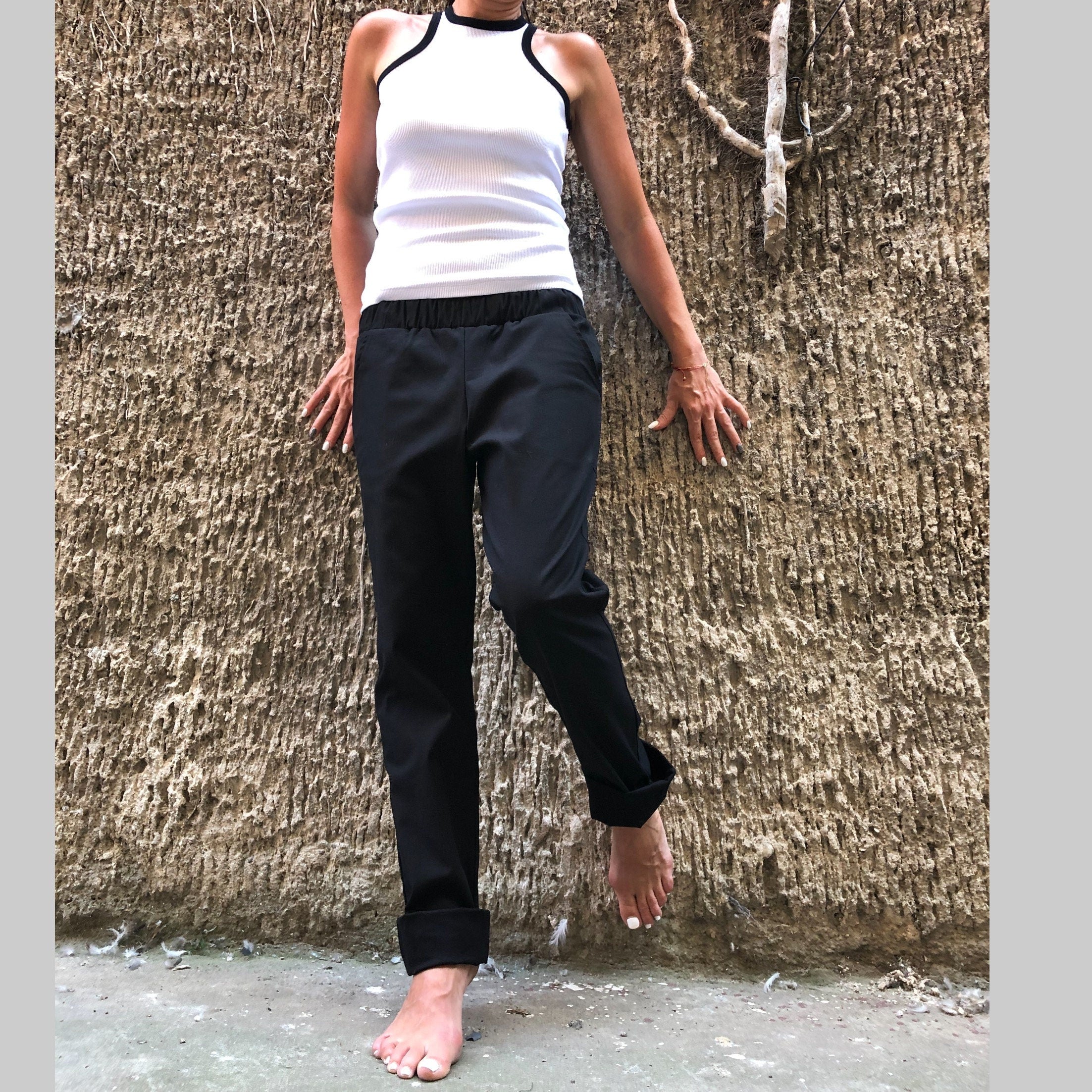 Women’s Casual Cotton Pants – High-Waist Elastic Trousers with Side Pockets / Everyday Straight-Leg Pants / Minimalist Soft Fabric Pants