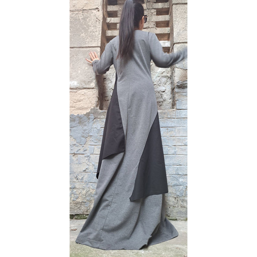 Asymmetrical Maxi Cotton Dress – Long Sleeve Grey Dress with Black Panels / Minimalist A-Line Kaftan / Handmade Casual Loose Dress