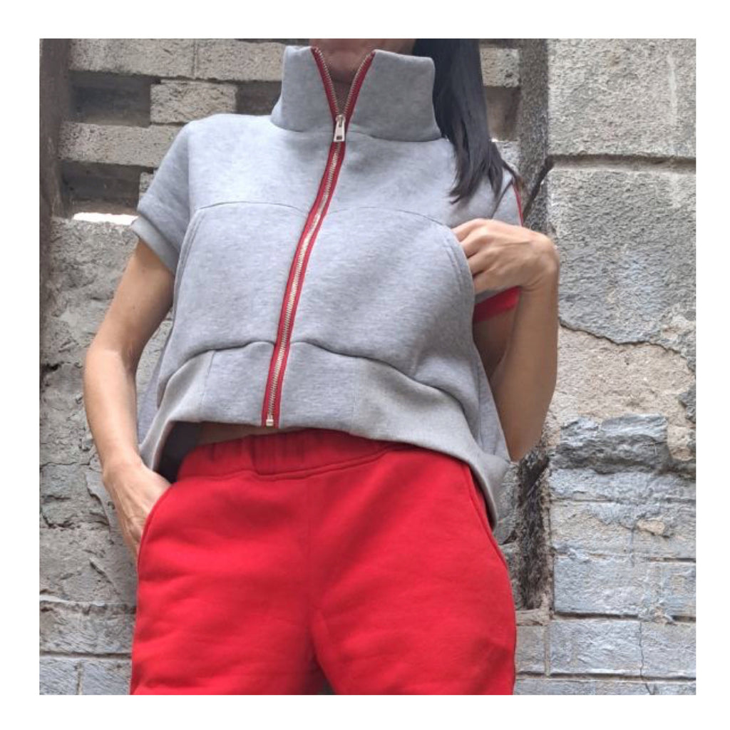 Cotton Short Sleeve Blouse: Warm Grey Top with Red Zipper Vest
