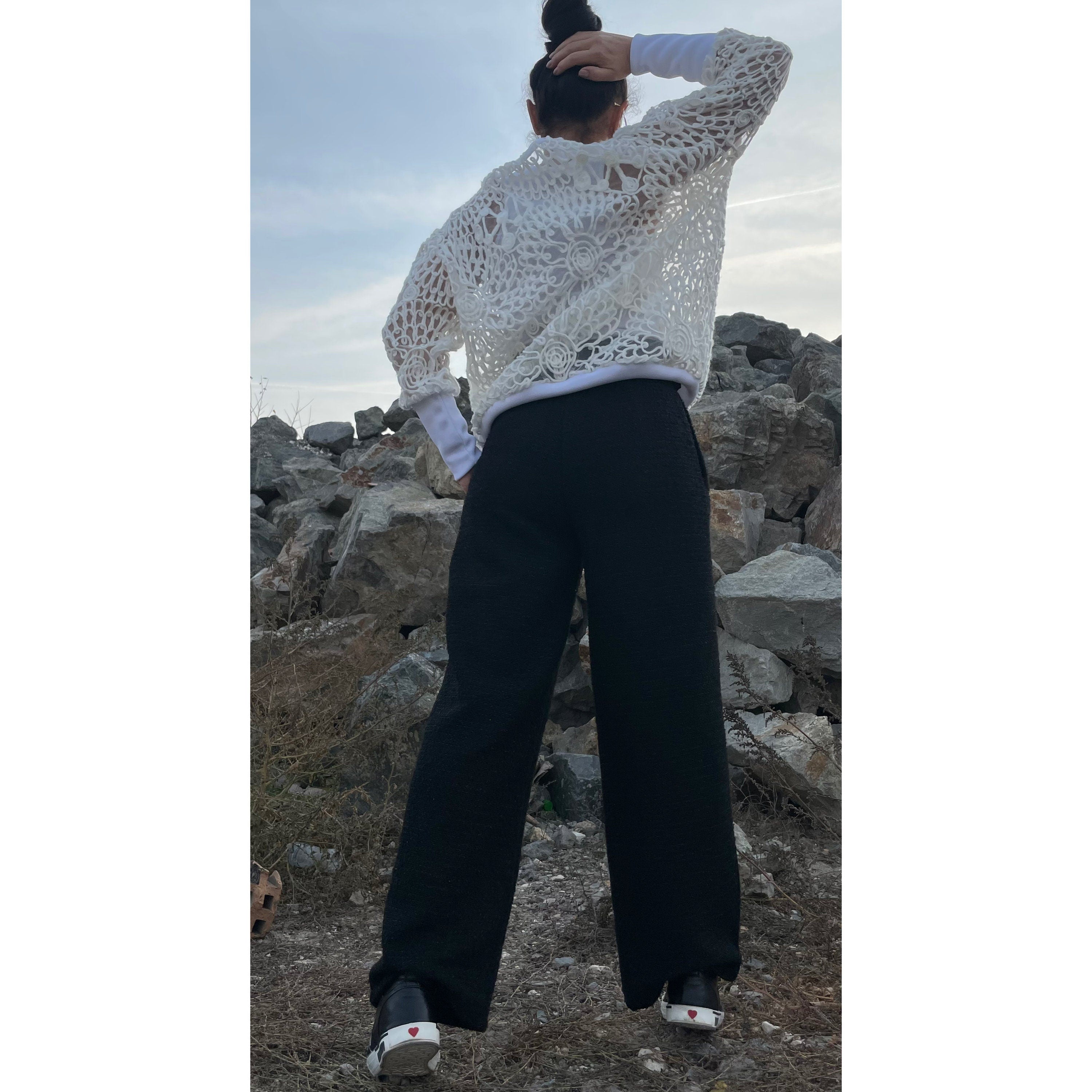 Knit Tulle Blouse: Long Sleeve Cotton Blend Top