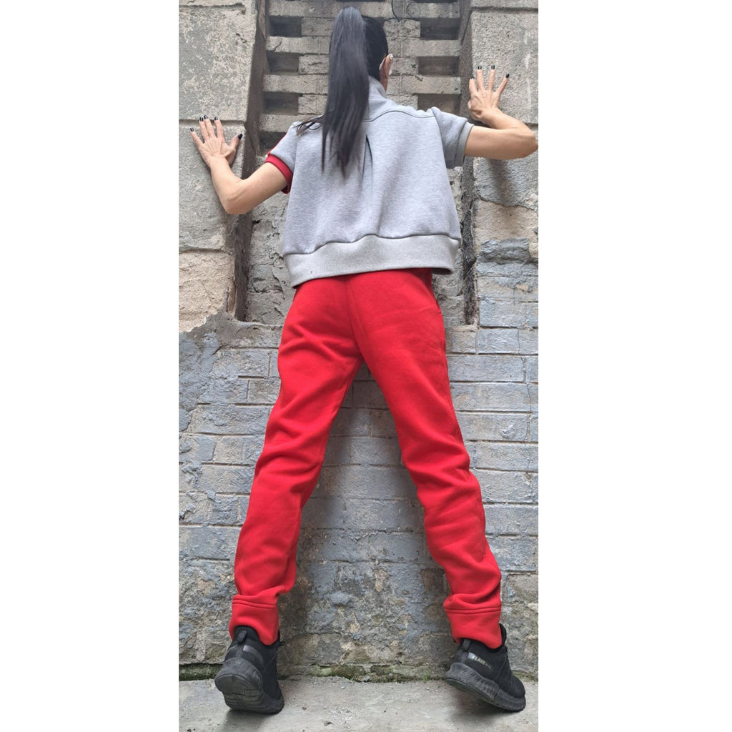 Red & Gray Tracksuit Set: High Waist Pants, Short Sleeve Top