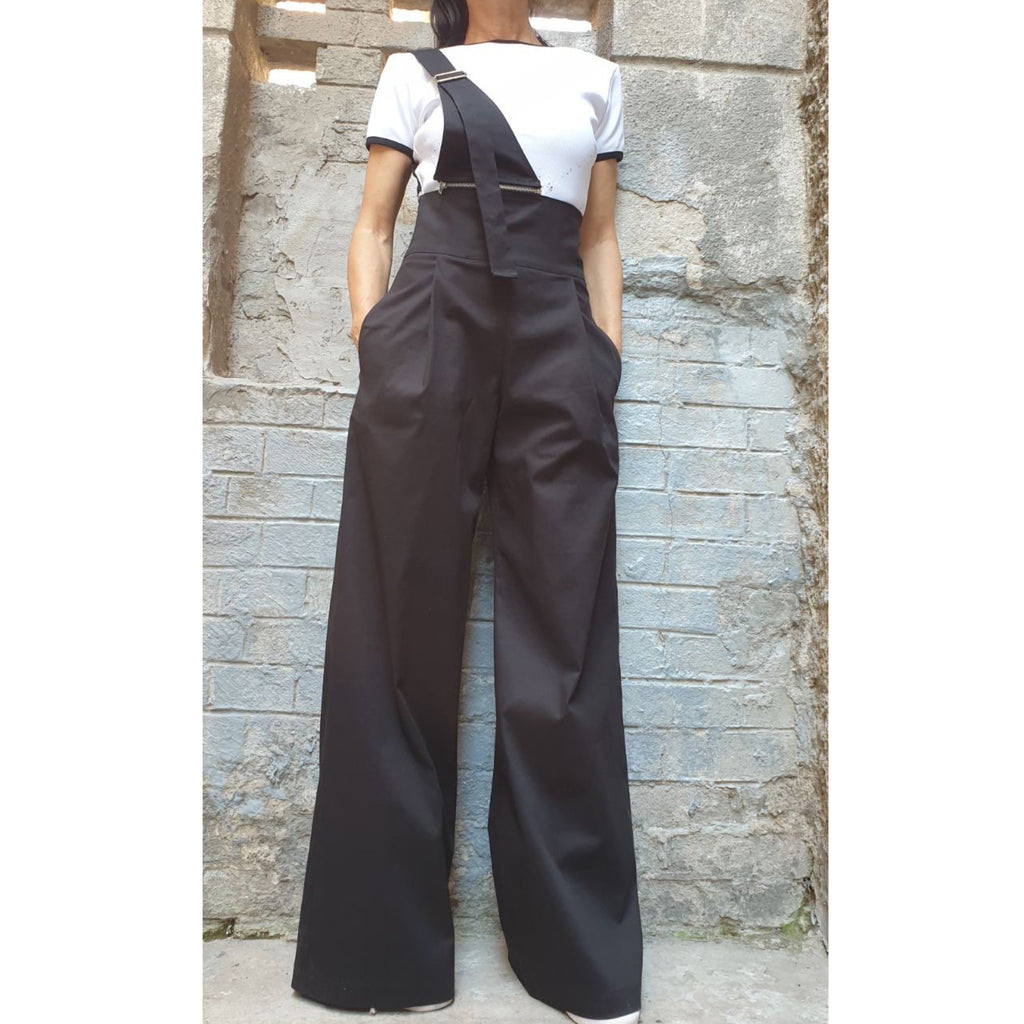 Black High Waist Wide Leg Pants – Asymmetrical Strap Detail, Designer Cotton Trousers with Pockets