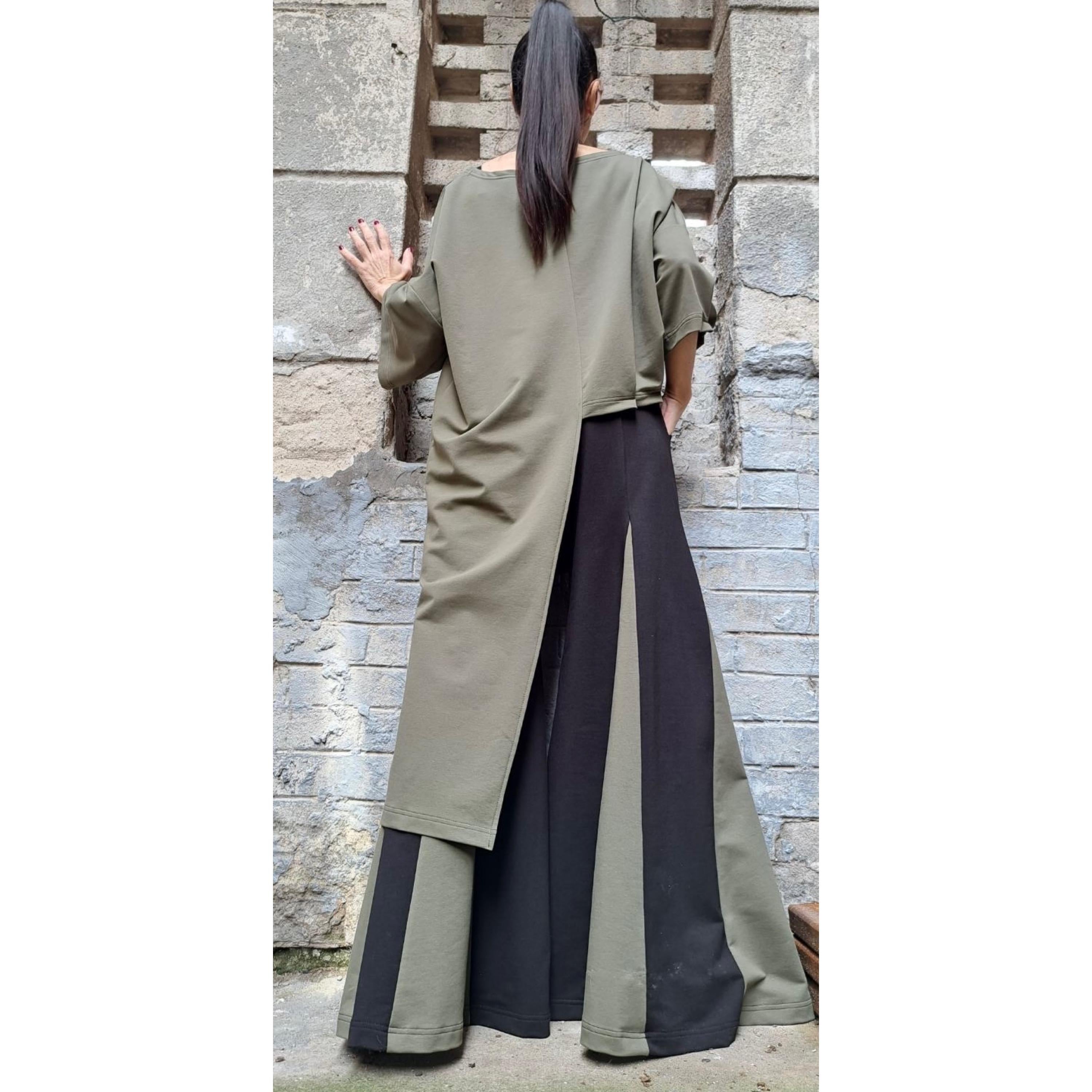 Asymmetric Two-Piece Cotton Set – Wide-Leg High-Waist Pants & Oversized Short-Sleeve Top / Avant-Garde Women’s Outfit XS-5XL