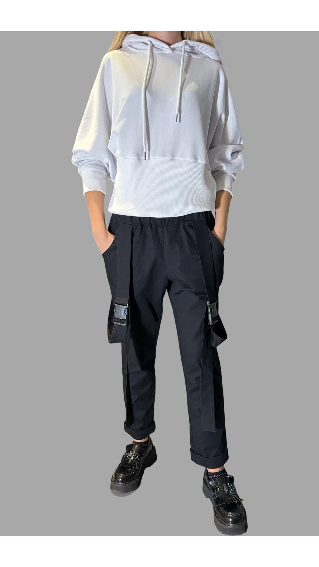 Women’s Black Casual Pants with Straps / Cotton Trousers with Elastic Waist and Buckles / Urban Everyday Pants