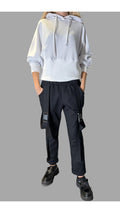 Women’s Black Casual Pants with Straps / Cotton Trousers with Elastic Waist and Buckles / Urban Everyday Pants