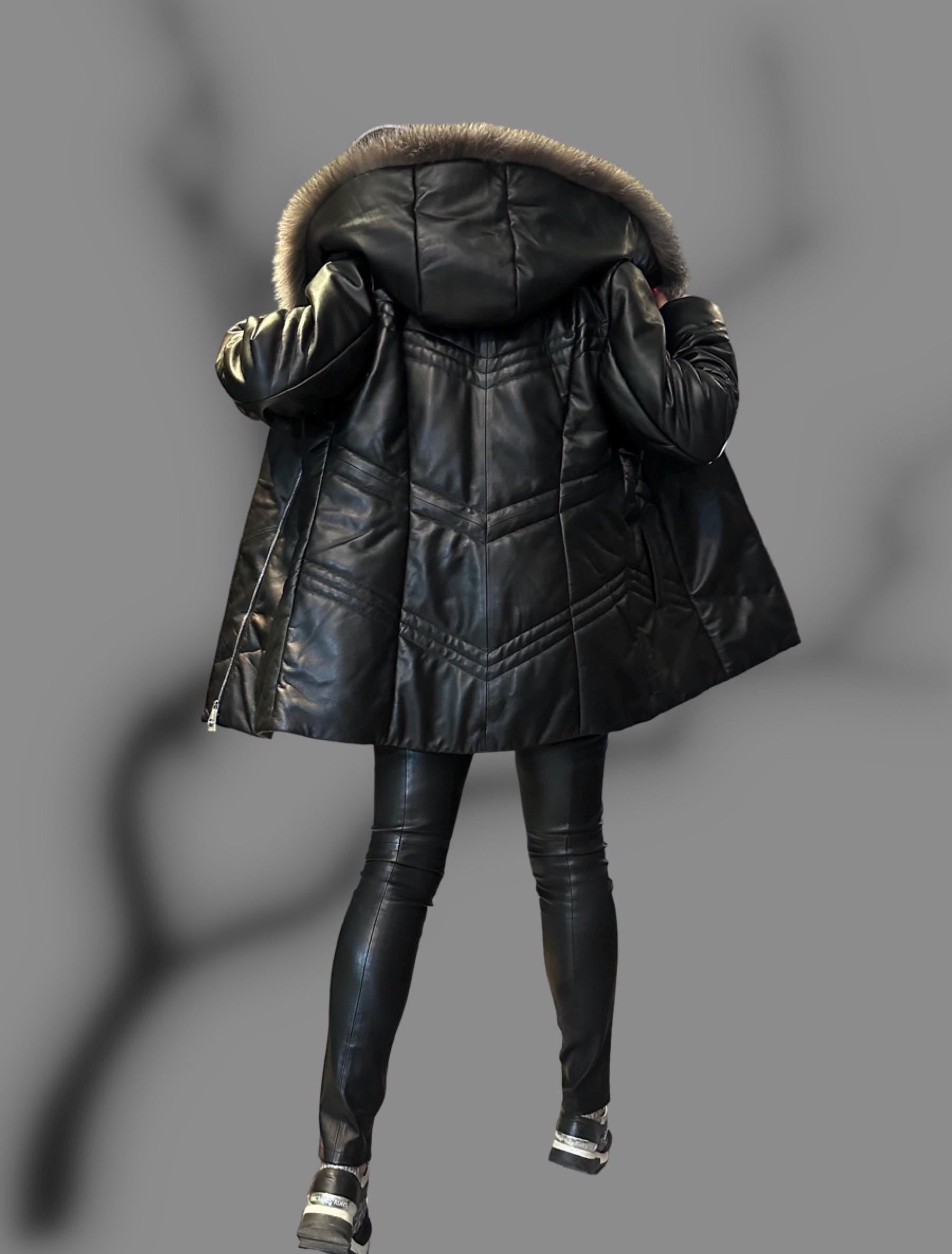Women’s Real Lambskin Leather Coat with Genuine Fox Fur Hood / Winter Luxury Shearling Jacket / Warm Handmade Leather Outerwear