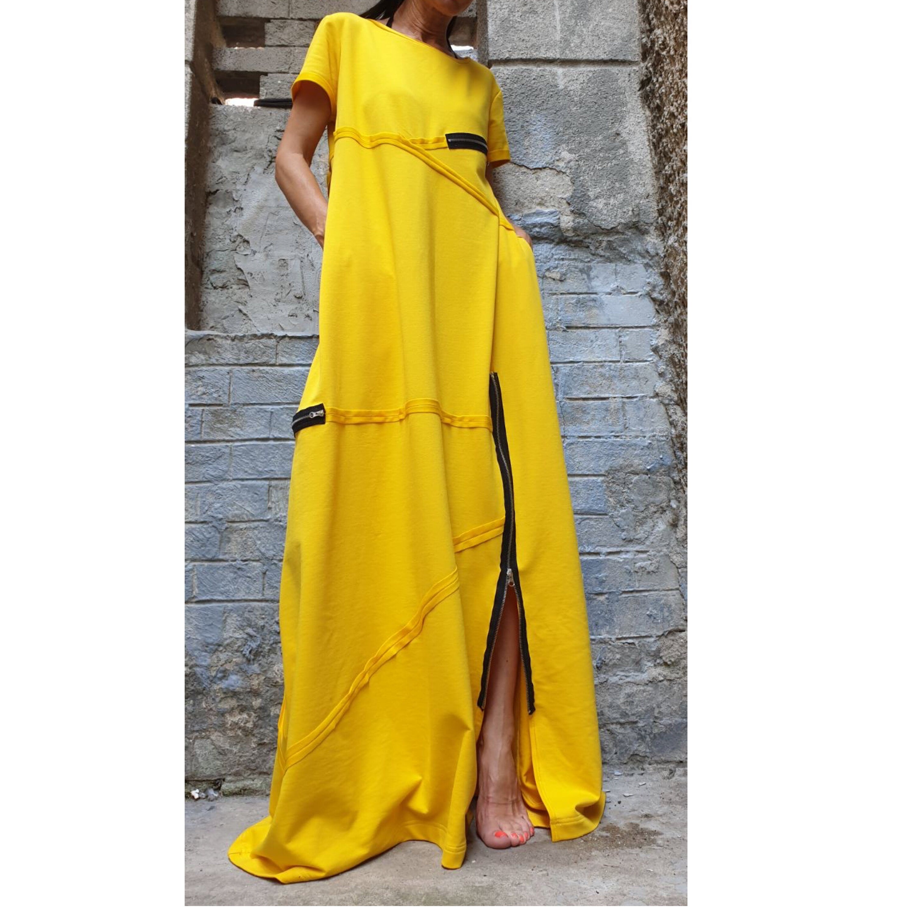 Yellow Maxi Dress – Loose Cotton Dress with Zippers / Short Sleeve Avantgarde Dress / Oversized Summer Dress / Designer Long Dress