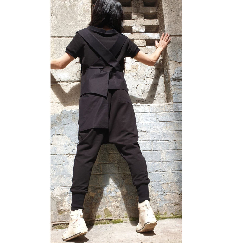 Asymmetric Black Cotton Top with Strap Detail – Avant-Garde Short Sleeve Blouse