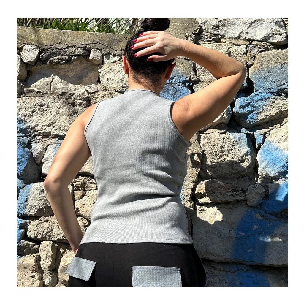 Grey Asymmetric Cotton Tank Top: Extravagant Sleeveless Blouse
