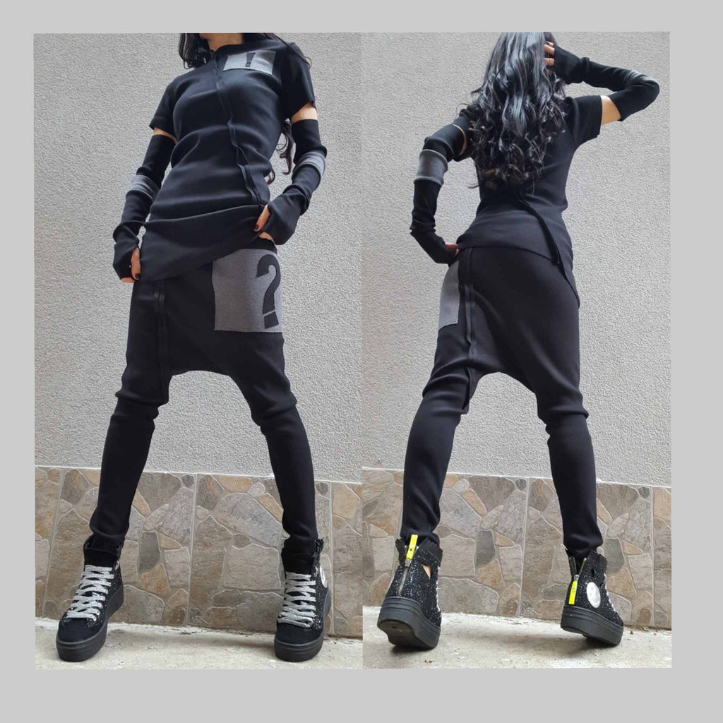Black Cotton Rib Knit Tracksuit Set – Asymmetric Top with Separate Sleeves & Drop Crotch Pants