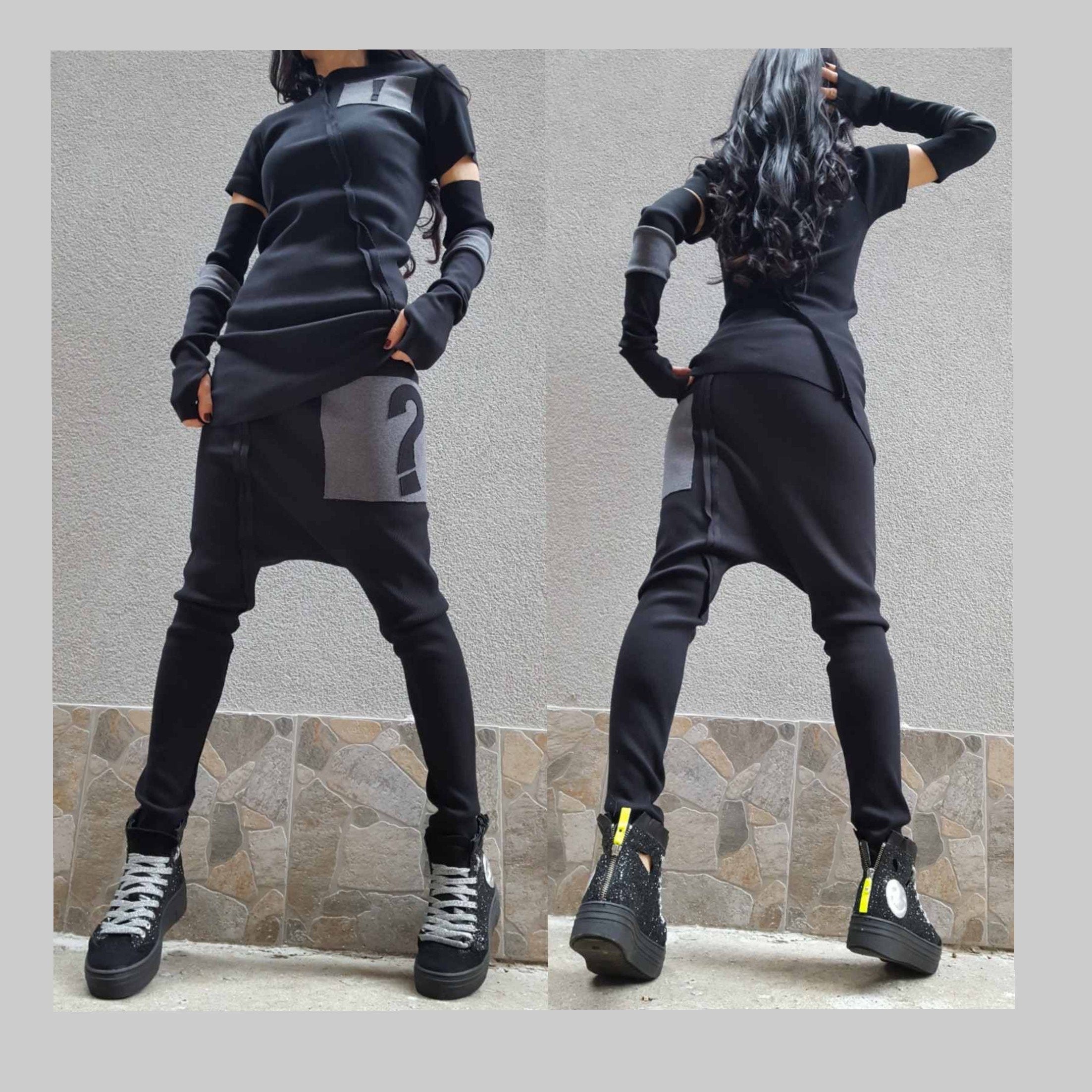 Black Cotton Rib Knit Tracksuit Set – Asymmetric Top with Separate Sleeves & Drop Crotch Pants