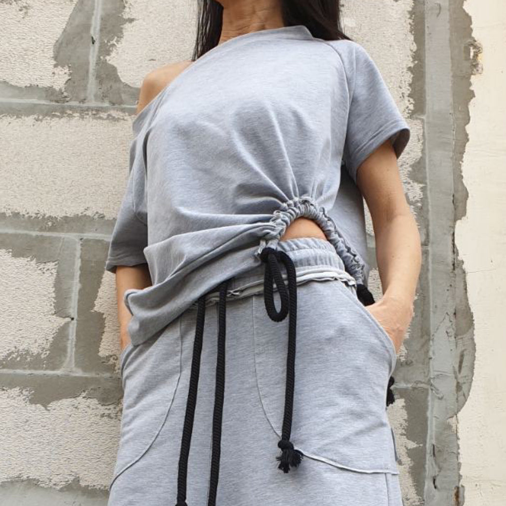 Asymmetric One Shoulder Cotton Blouse with Drawstring / Grey Short Sleeve Top / Urban Casual Designer Shirt