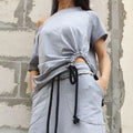 Asymmetric One Shoulder Cotton Blouse with Drawstring / Grey Short Sleeve Top / Urban Casual Designer Shirt