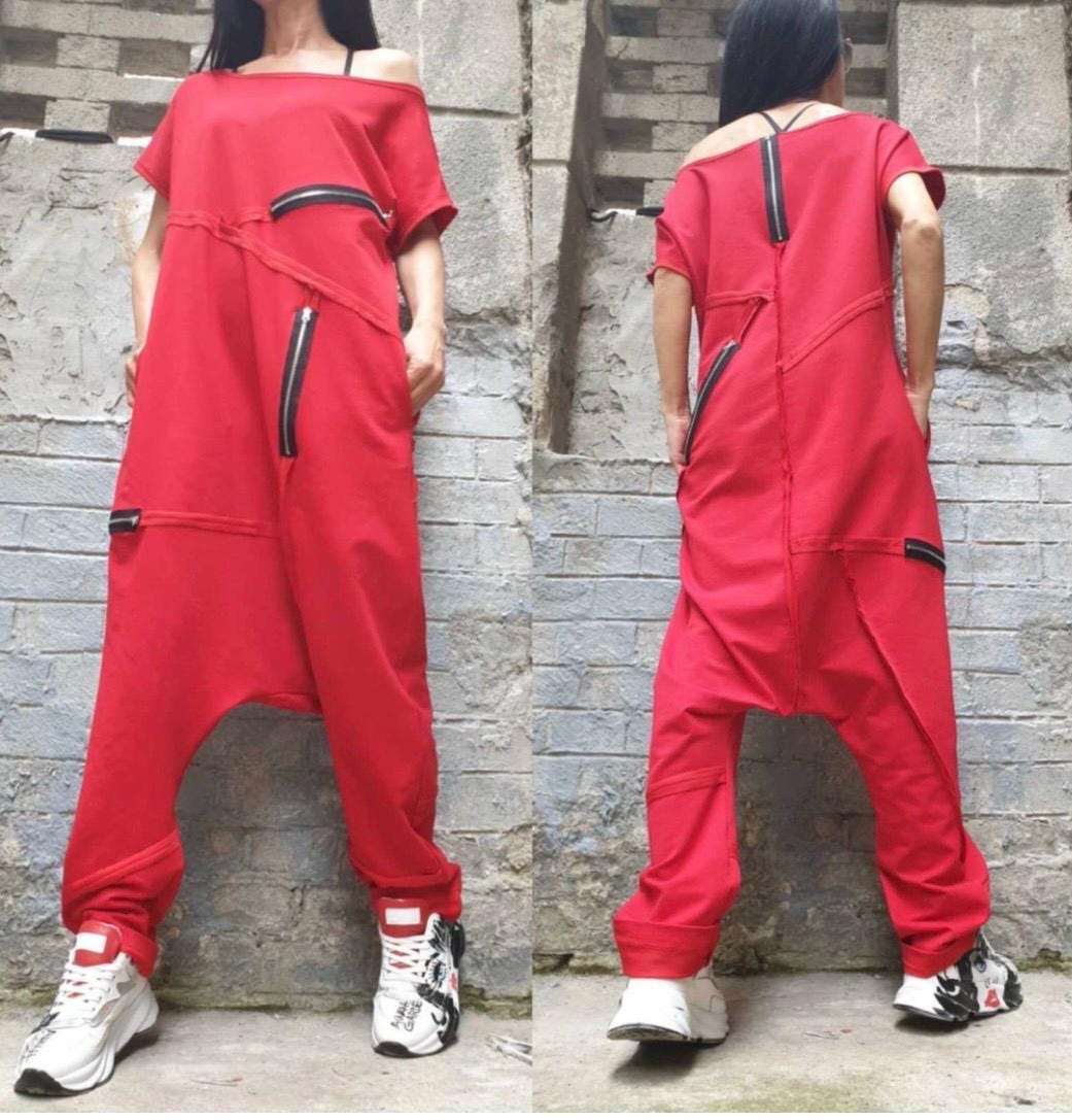 Black Asymmetrical Jumpsuit with Short Sleeves – Designer Cut / Exposed Seams & Zippers / Two-Thread Fleece Romper with Side Pockets