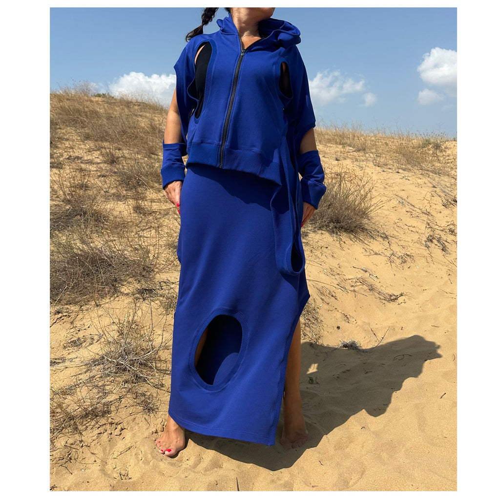 Asymmetric Cut-Out Skirt and Hoodie Set / Handmade Cotton Two-Piece Outfit / Avantgarde Streetwear