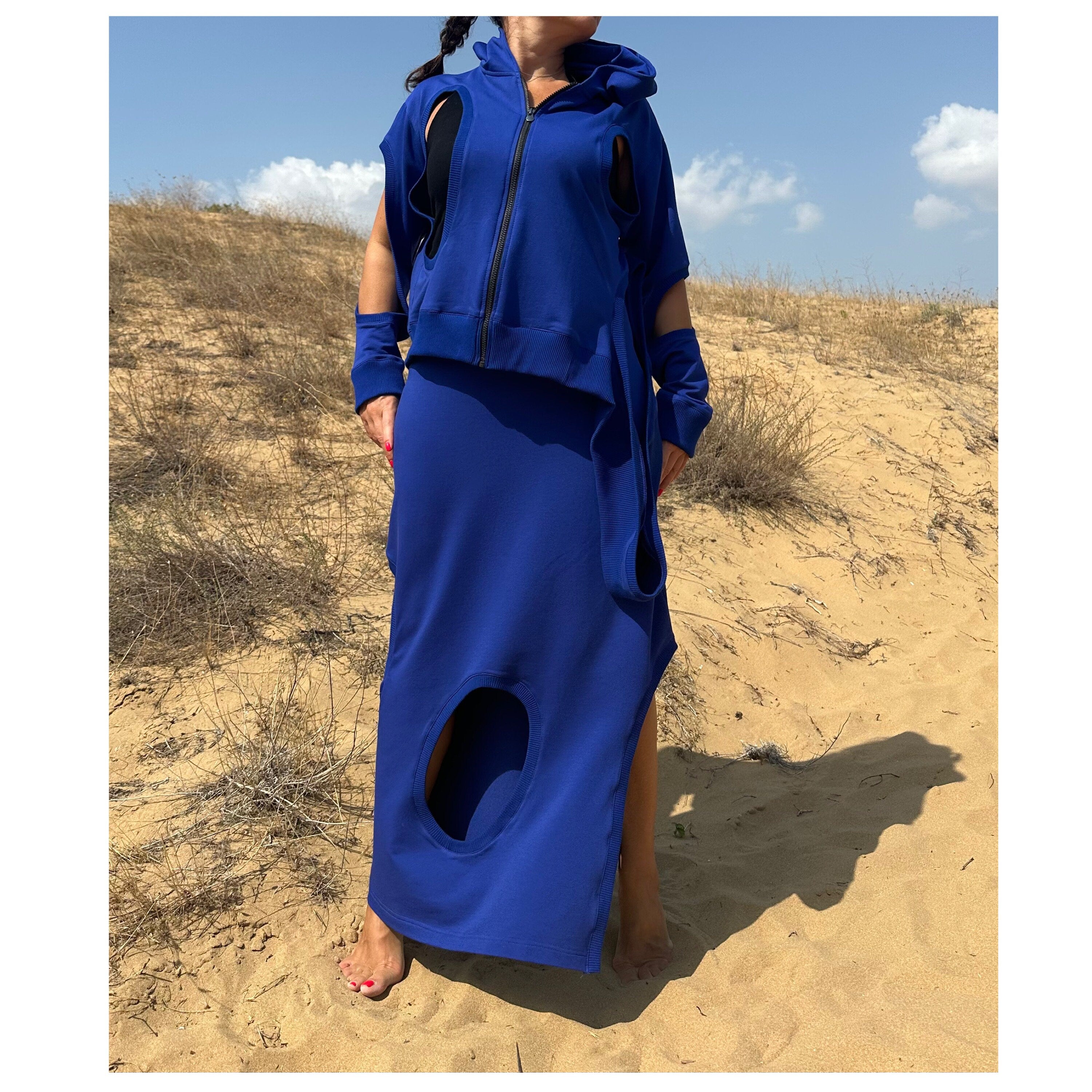 Asymmetric Cut-Out Skirt and Hoodie Set / Handmade Cotton Two-Piece Outfit / Avantgarde Streetwear