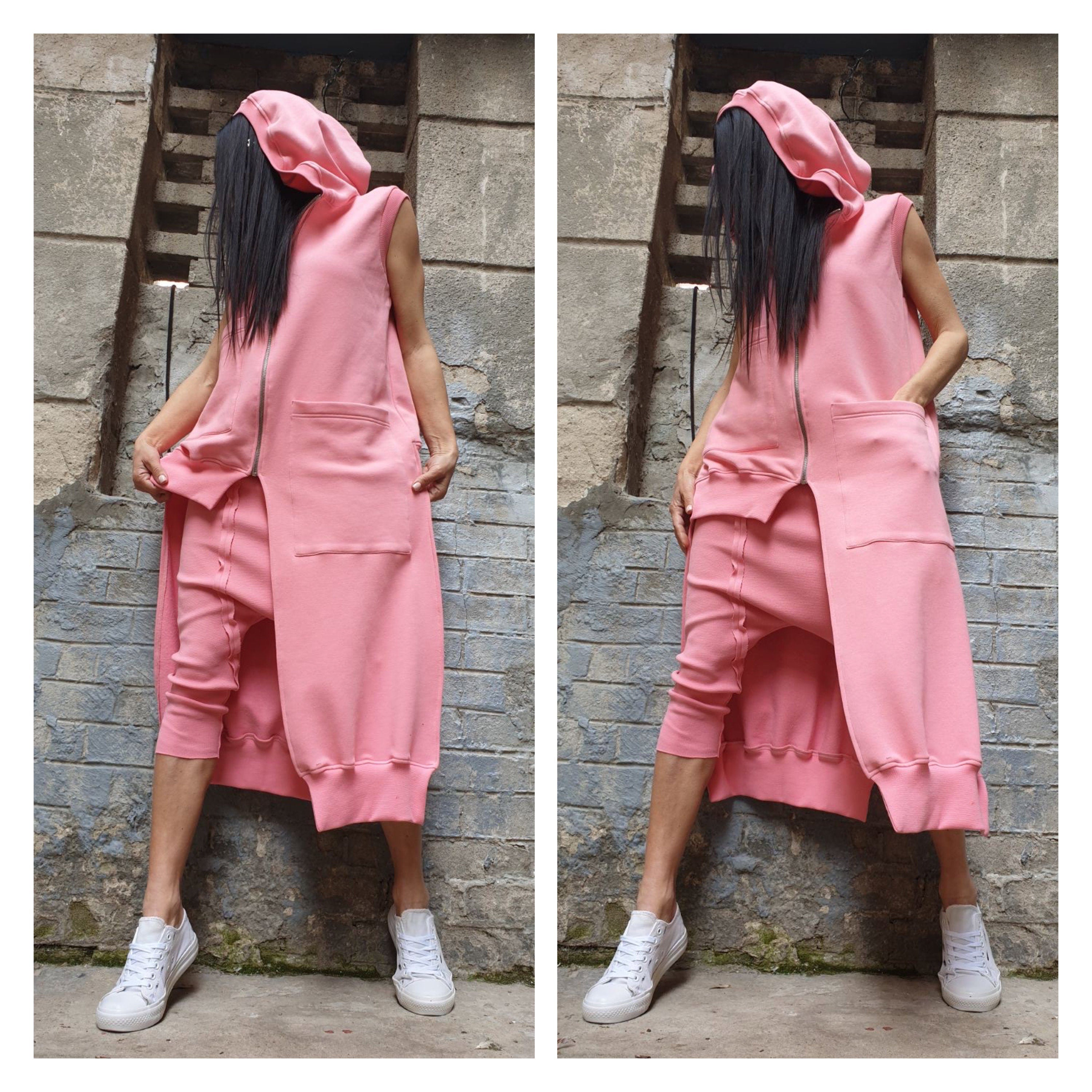 Pink Asymmetric Hooded Vest & Harem Pants Set – Warm Cotton Fleece Outfit / Avant-Garde Urban Two Piece