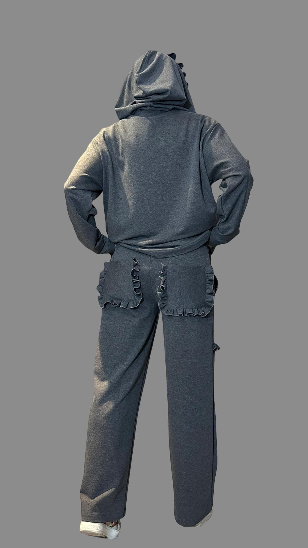 Ruffle Trim Cotton Tracksuit /  Asymmetric Hoodie & High-Waisted Pants / Two-Piece Women’s Streetwear Set